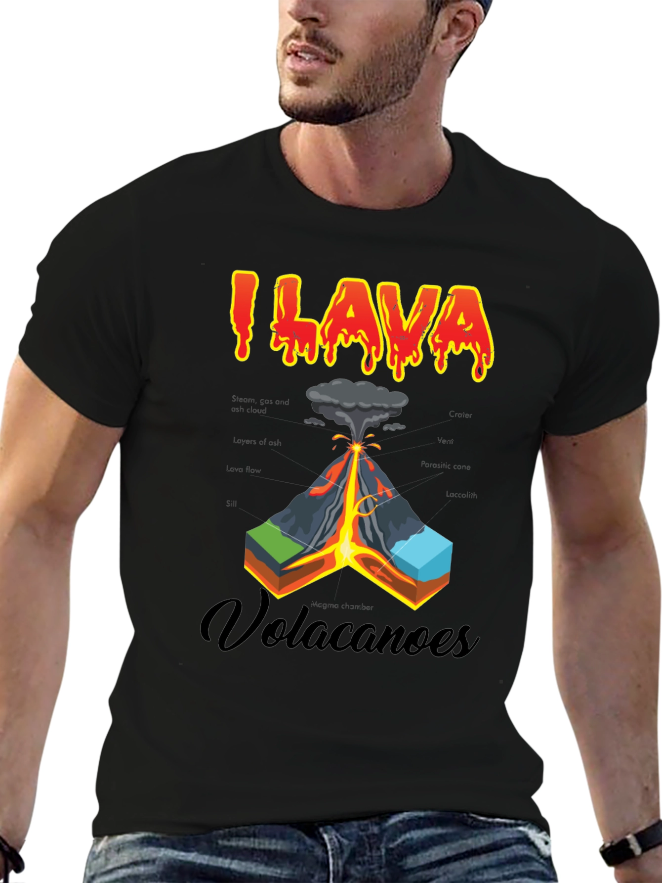 Black I Lava Volcanoes T-Shirt - Funny Graphic Tee view 6