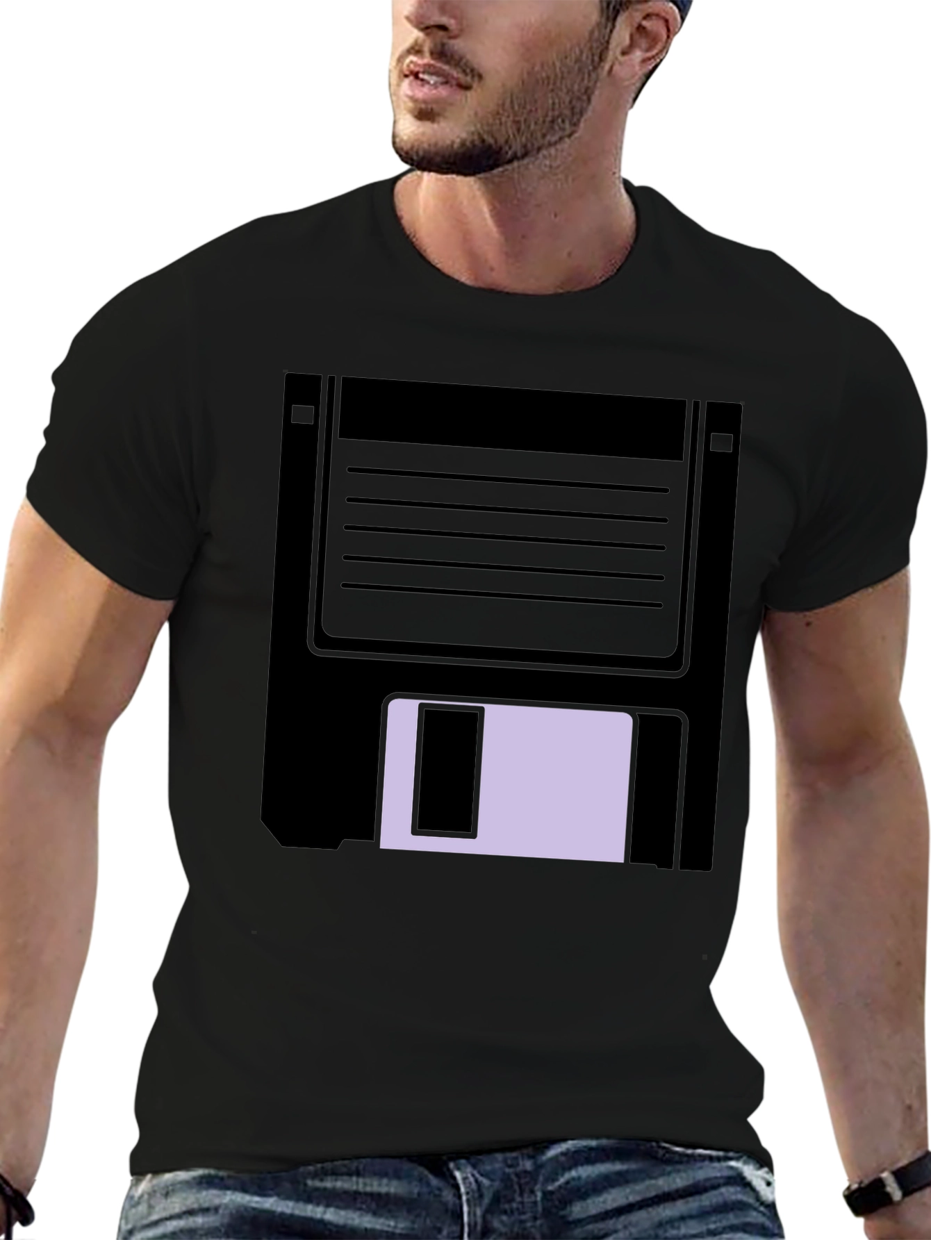 Black Retro Floppy Disk Graphic Tee - Black Casual T-Shirt view 6