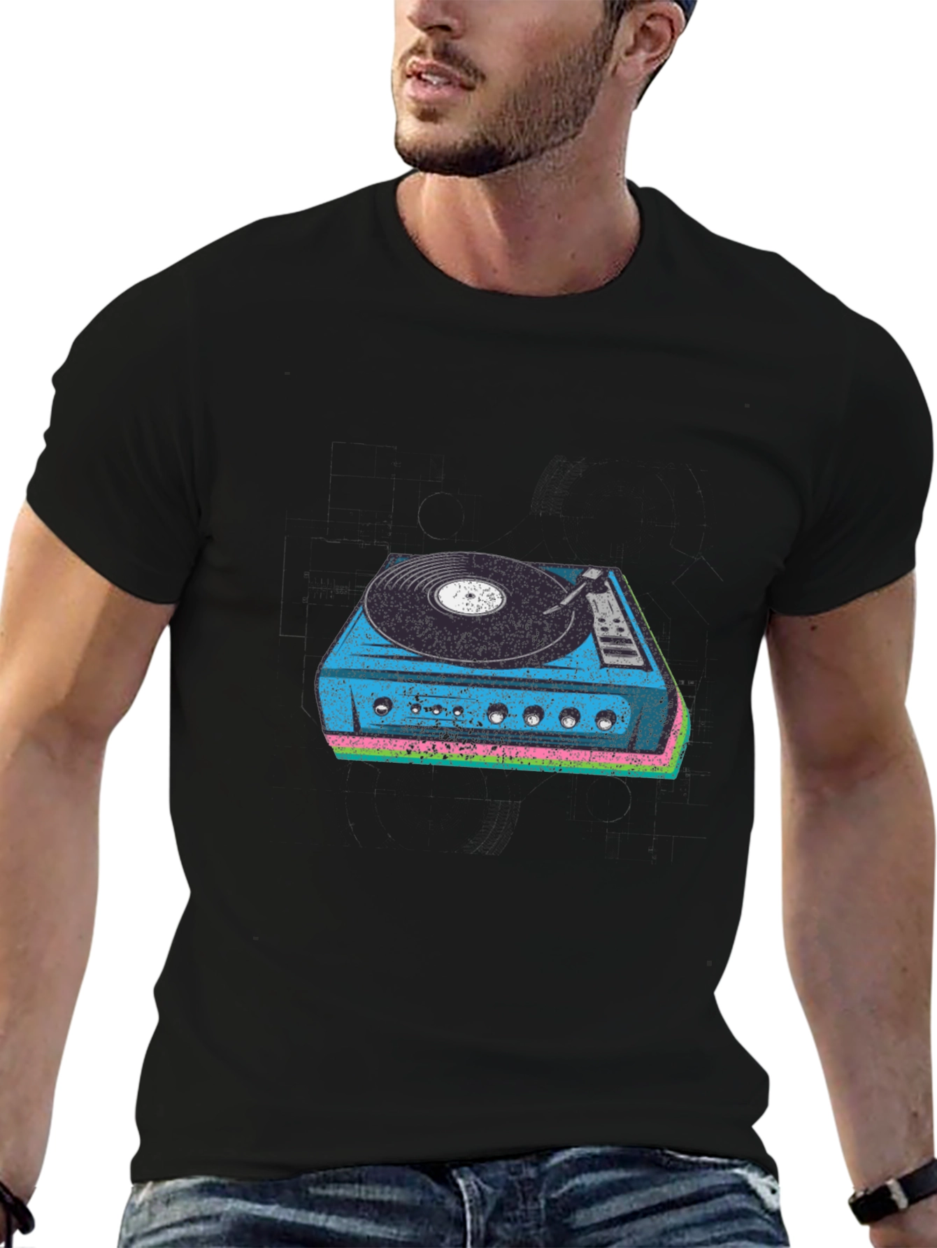 Black Retro Turntable Graphic Tee - Black Cotton Blend view 6