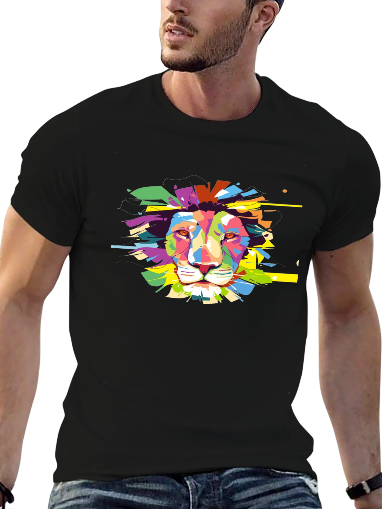 Black Colorful Lion Graphic Black T-Shirt view 6