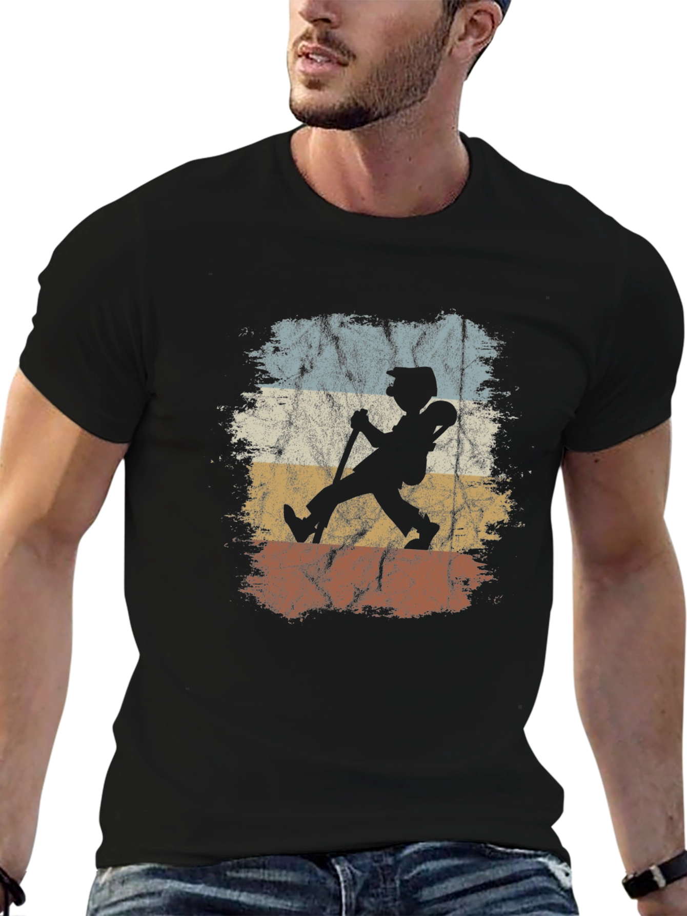 Black Retro Hiker Graphic Tee - Vintage Style Men's T-Shirt view 6
