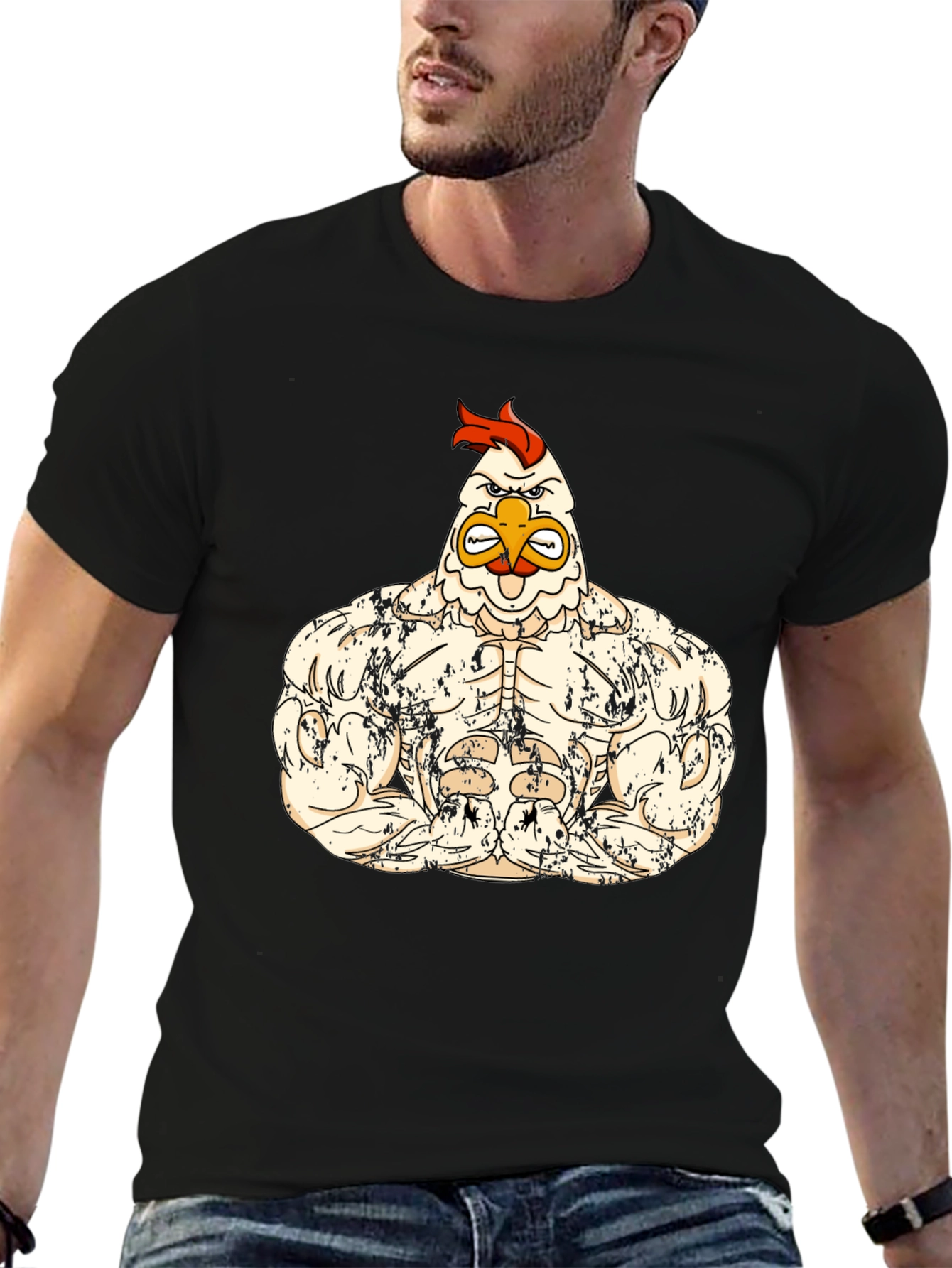 Black Muscle Chicken Graphic Tee - Black Cotton Shirt view 6