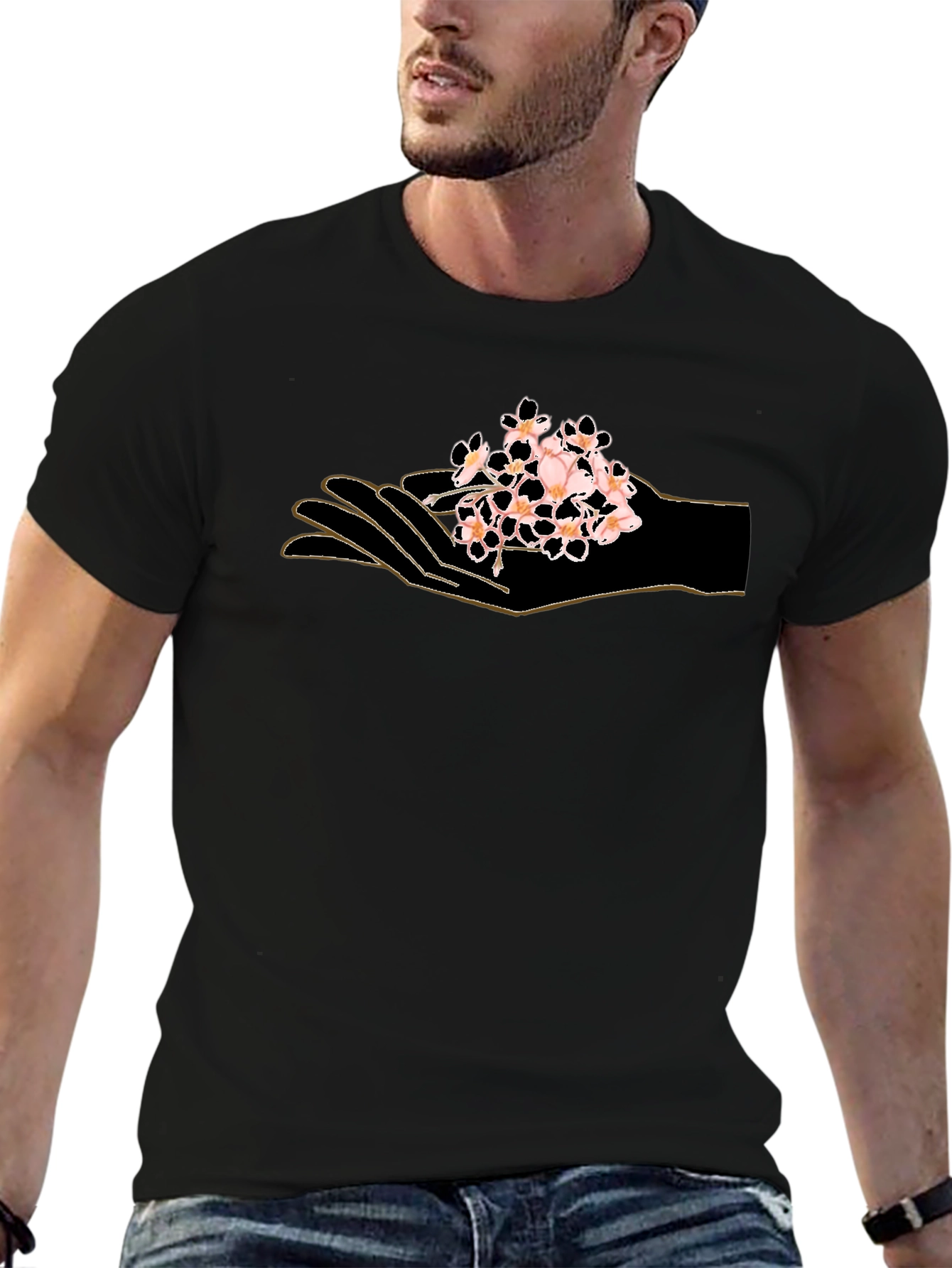 Black Hand Holding Flowers Graphic T-Shirt view 6