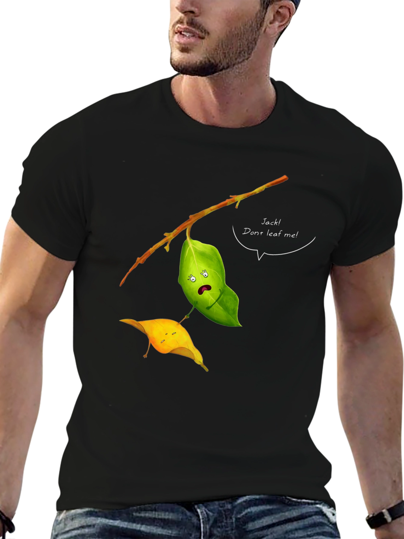 Black Funny Leaf Humor T-Shirt - Jack! Don't Leaf Me view 6