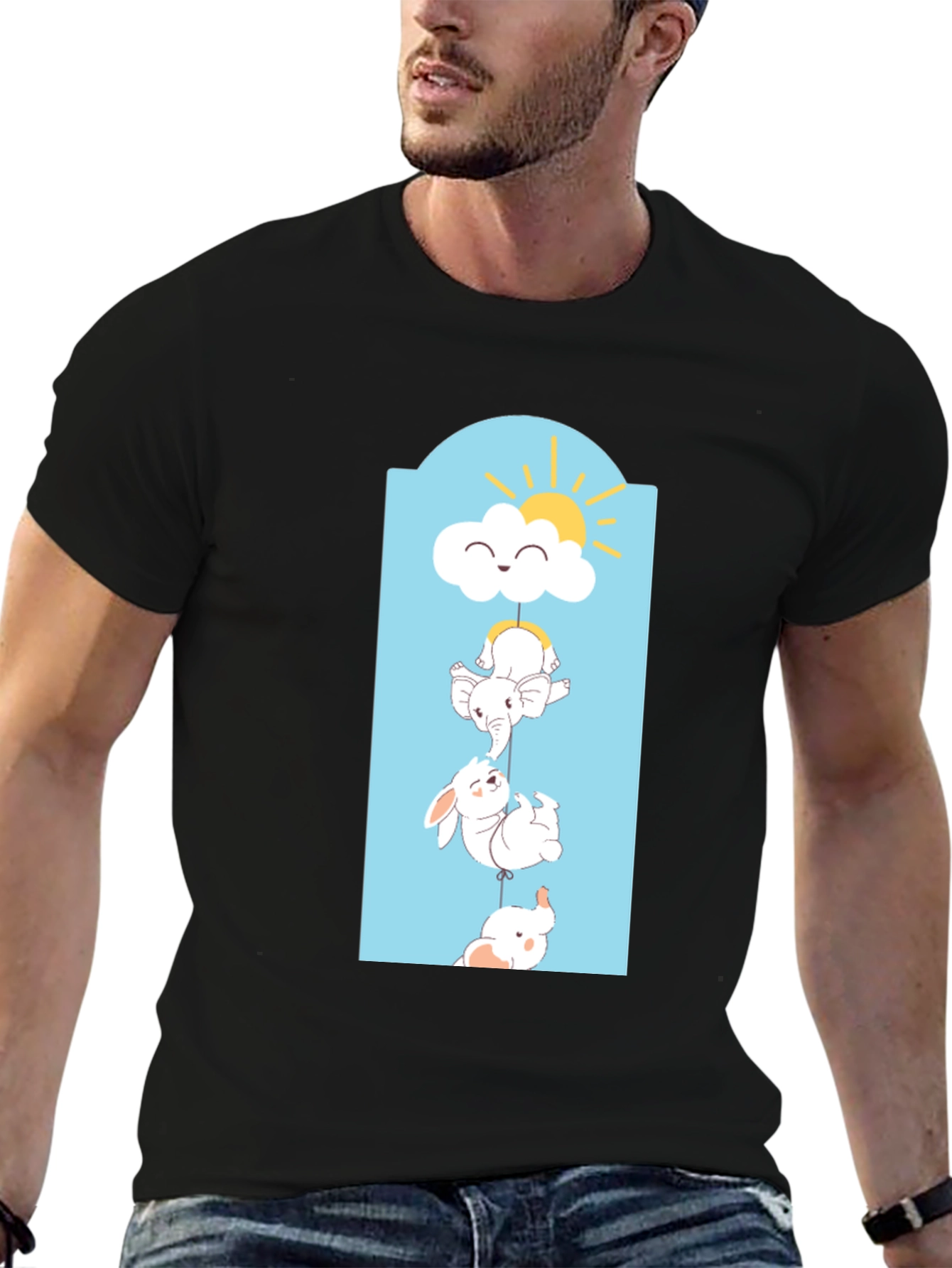 Black Cute Animal Stack Tee - Black Cotton Comfort view 6