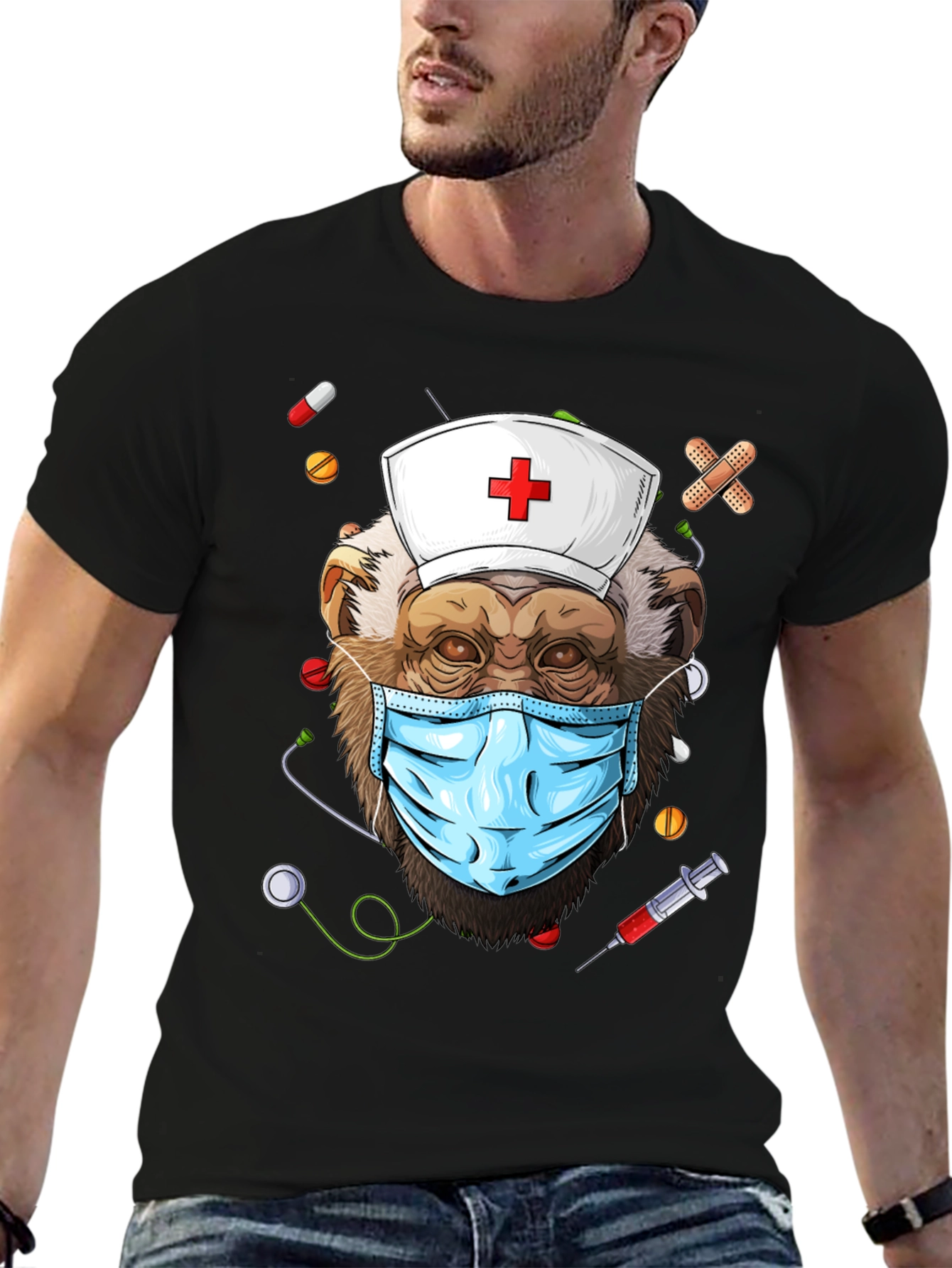 Black Nurse Monkey Graphic T-Shirt - Unique & Fun Design! view 6