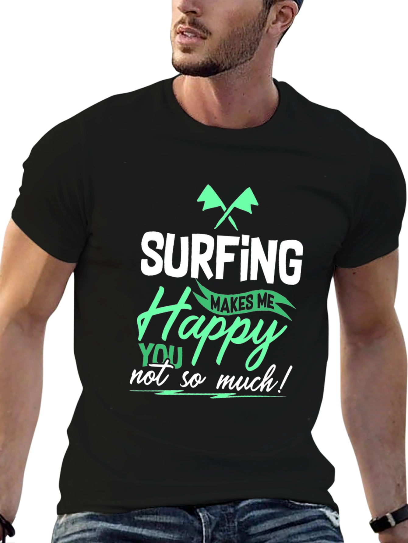 Black Surfing Makes Me Happy T-Shirt - Black view 6