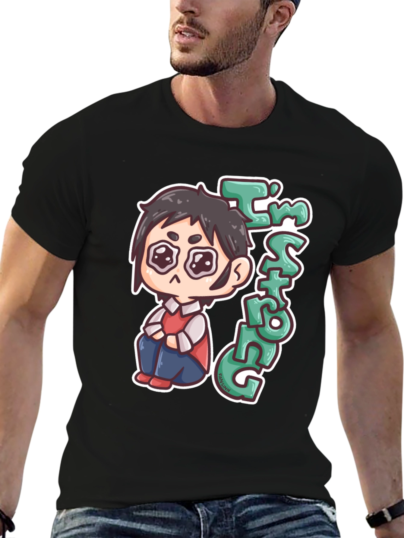 Black Chibi Anime "I'm Strong" Graphic Black T-Shirt view 6