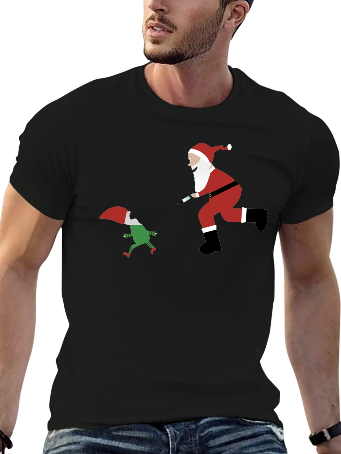 Black Santa Elf Syringe Black T-Shirt view 6