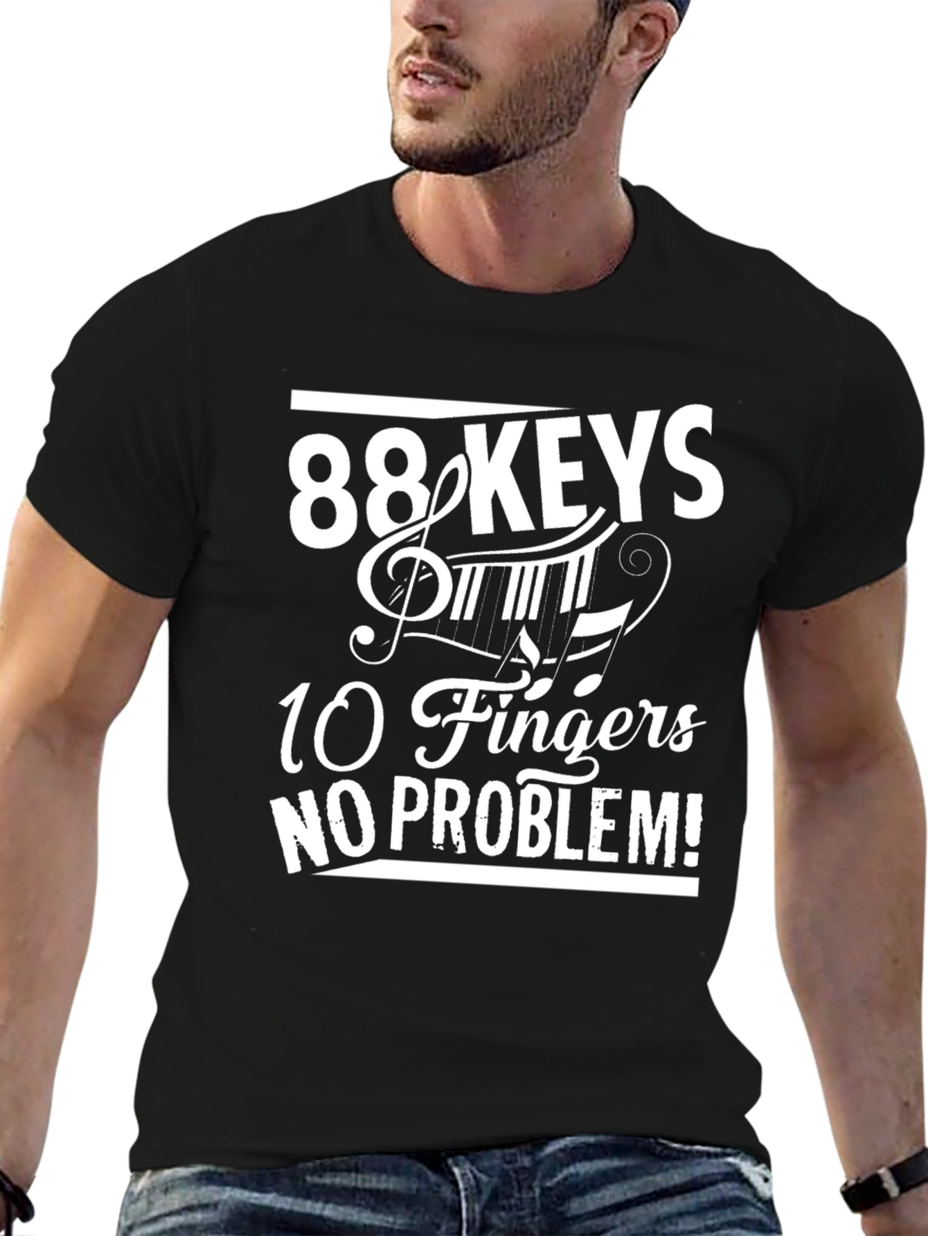 Black 88 Keys 10 Fingers No Problem T-Shirt - Piano Lover view 6