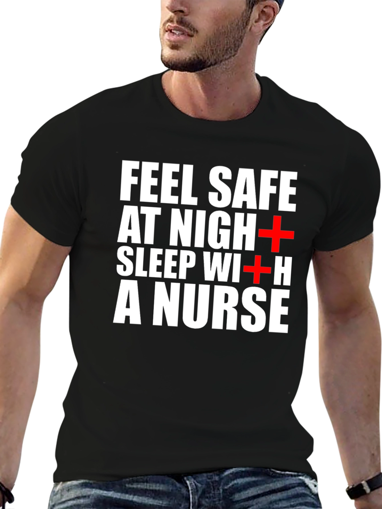 Black Feel Safe Sleep With a Nurse Black T-Shirt view 6