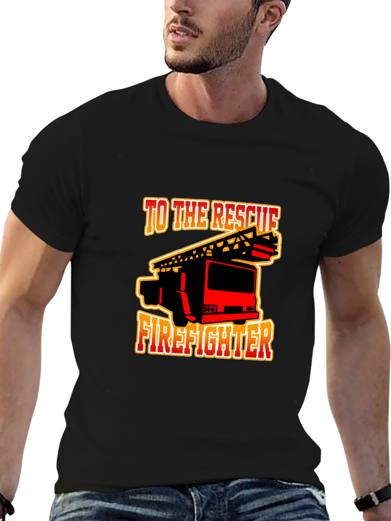 Black Firefighter Rescue Truck Graphic Tee - Black Cotton T-Shirt view 6