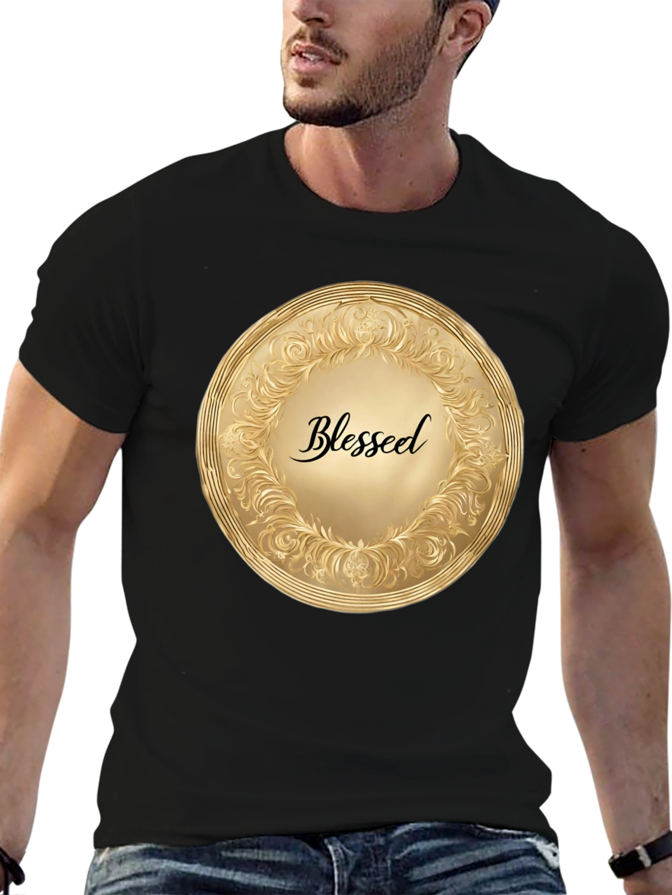 Black Blessed Gold Medallion Black T-Shirt view 6