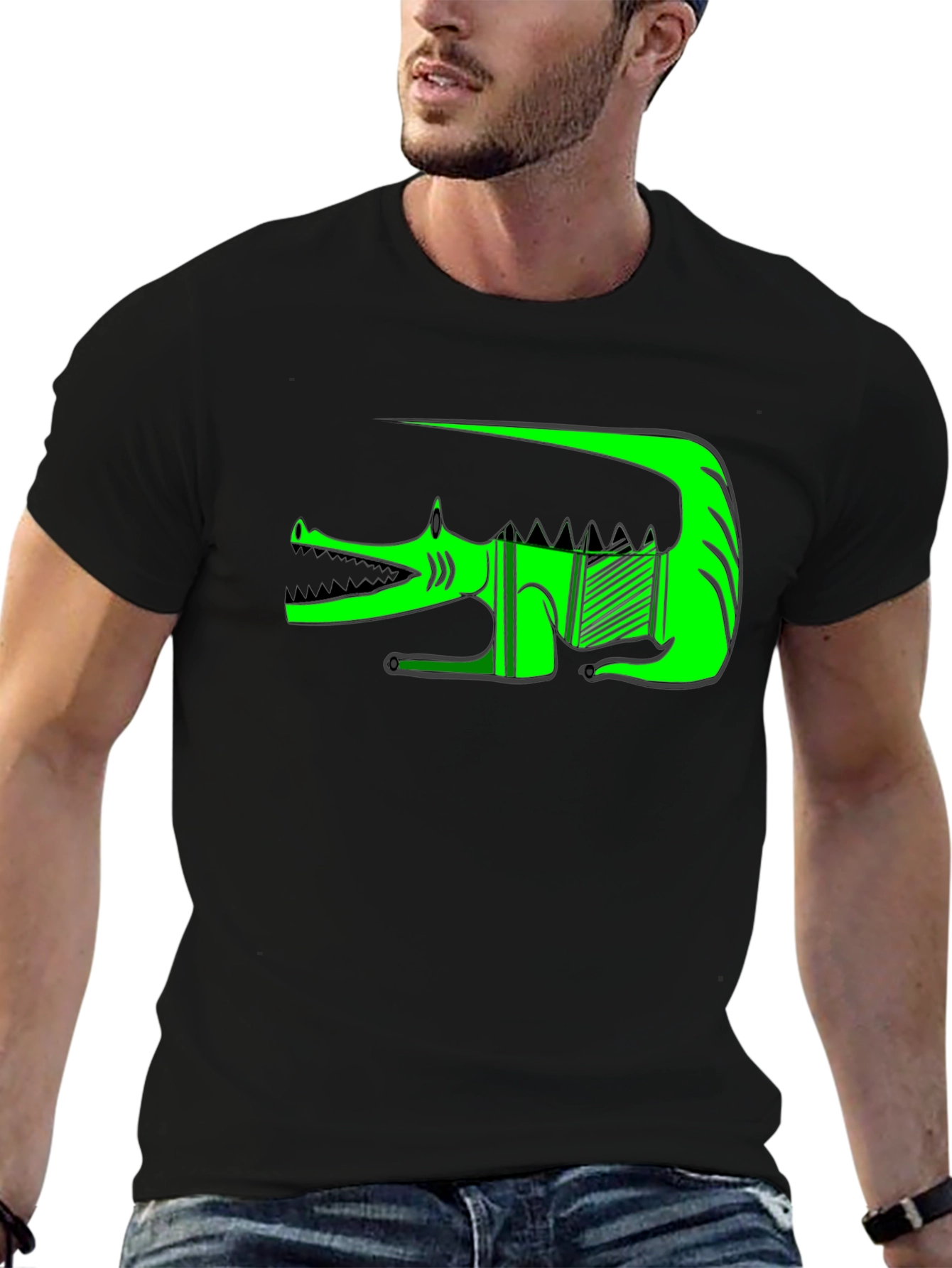 Black Graphic Print T-Shirt - Green Crocodile view 6