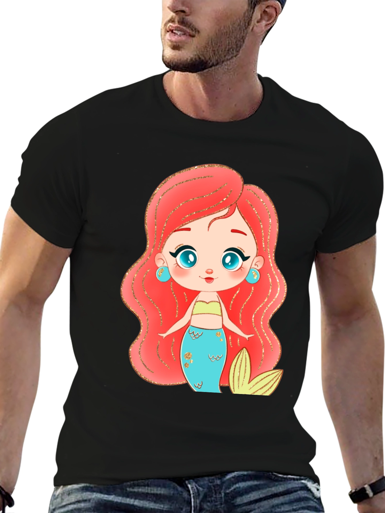 Black Mermaid Cartoon Graphic Black T-Shirt view 6