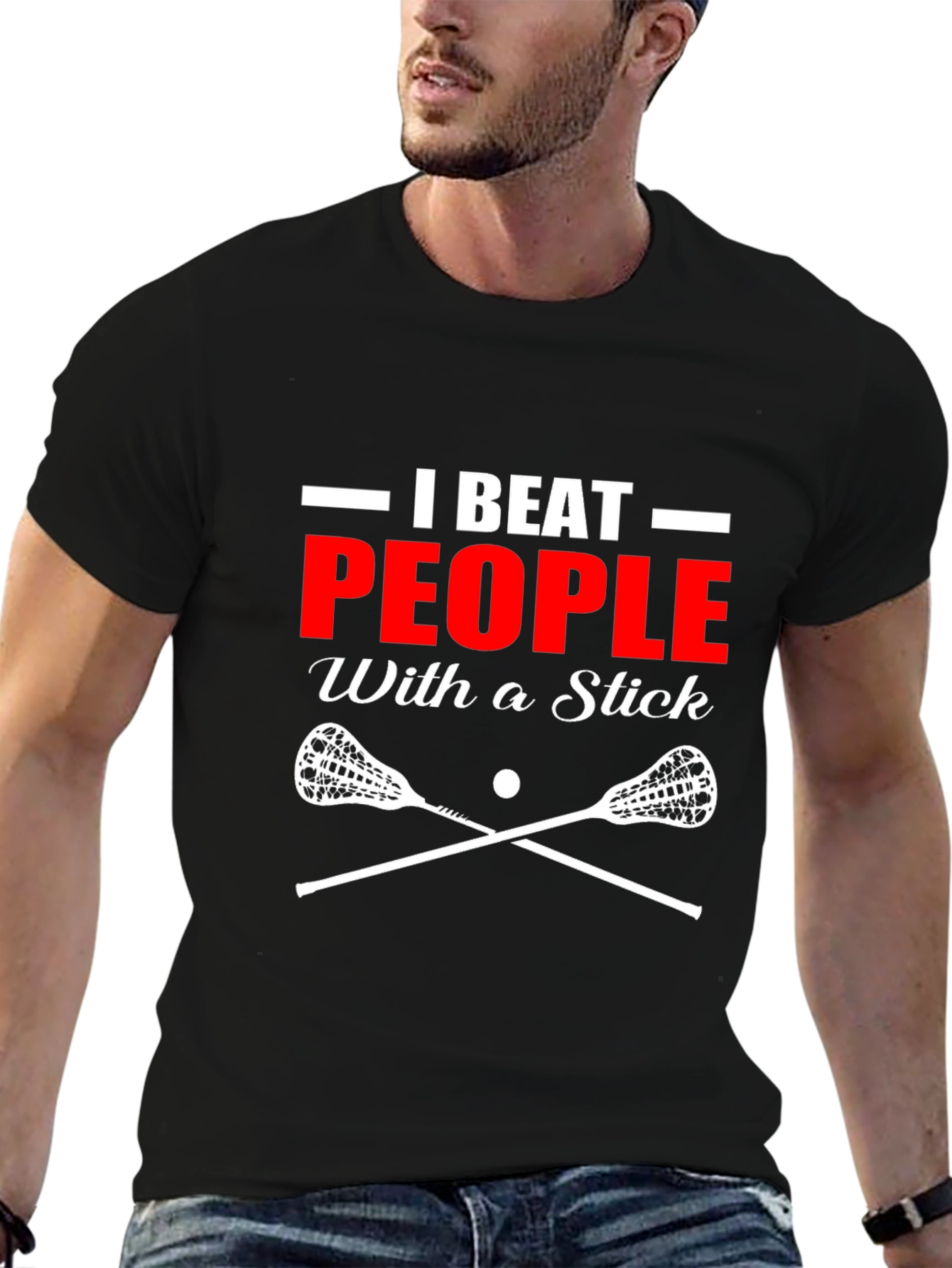 Black I Beat People With a Stick Lacrosse T-Shirt view 6
