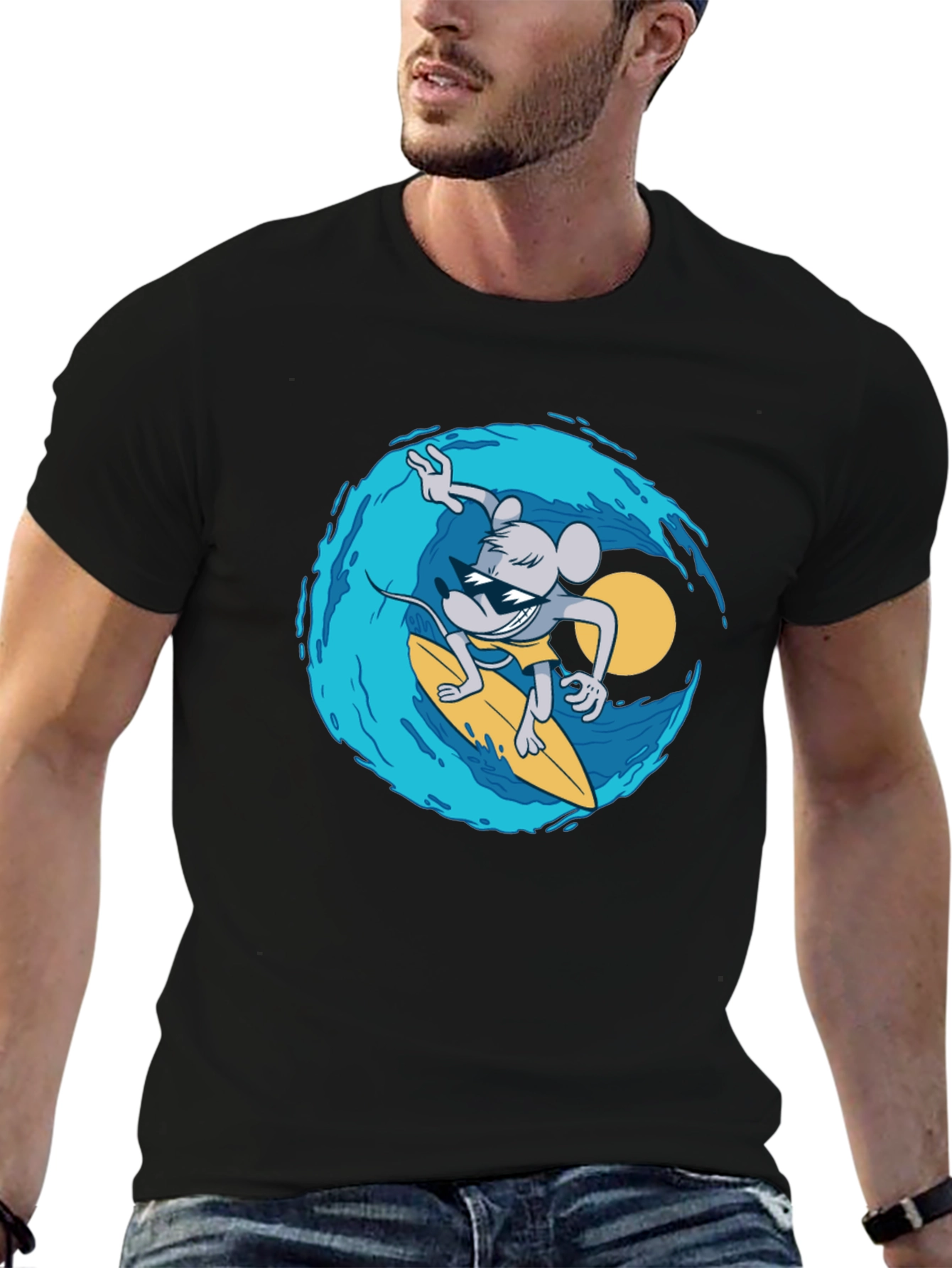 Black Surfing Mouse Graphic Tee - Cool Black T-Shirt view 6