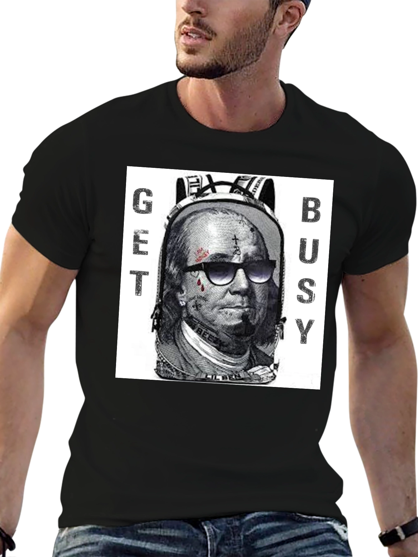 Black Get Busy Graphic T-Shirt - Unique Design view 6