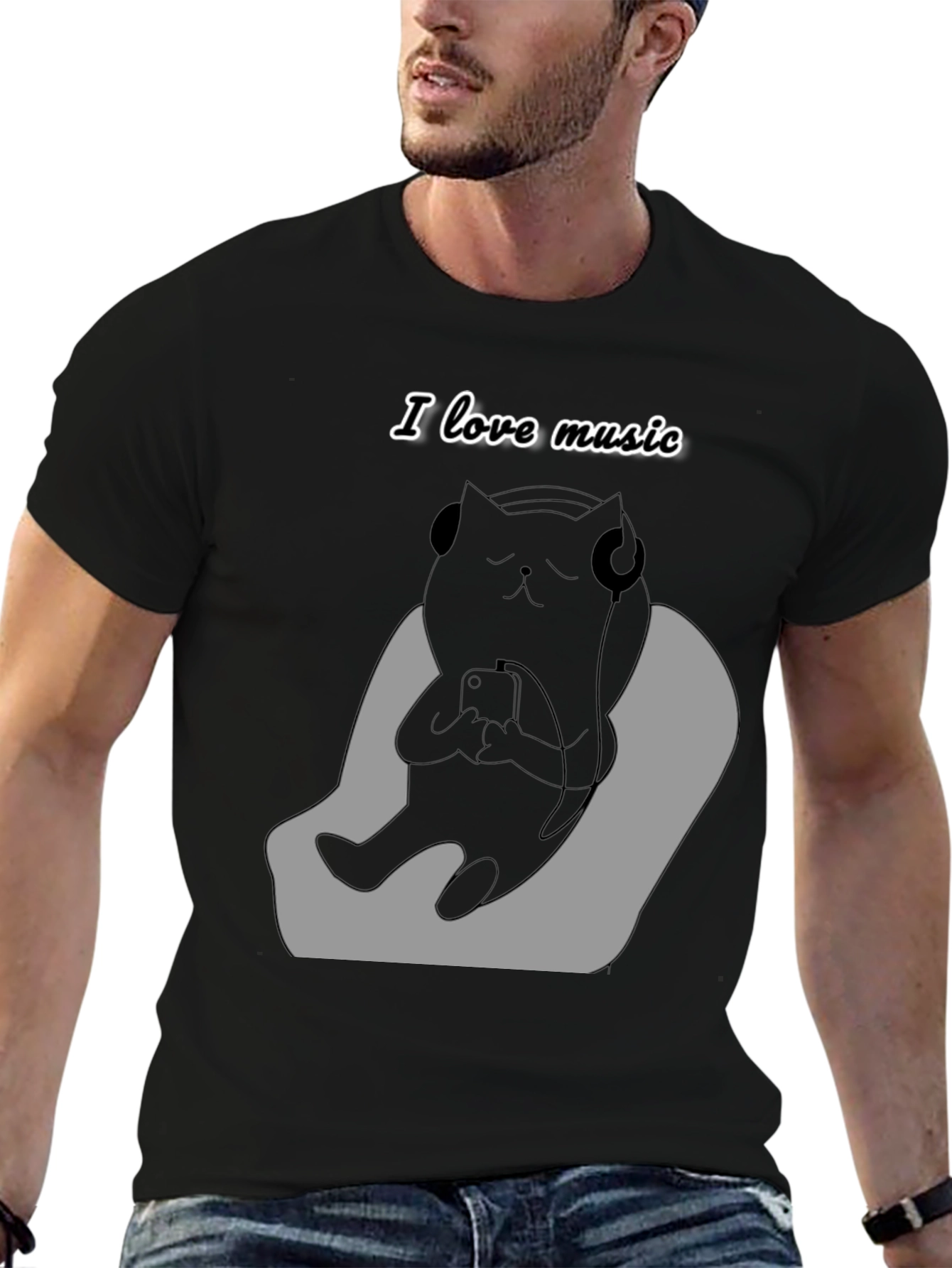 Black Cool Cat Music Lover Graphic Tee view 6