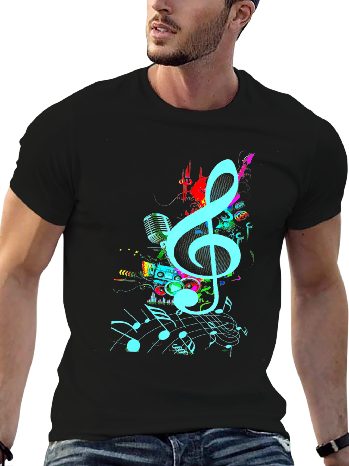 Black Musical Notes Graphic Print Black T-Shirt view 6