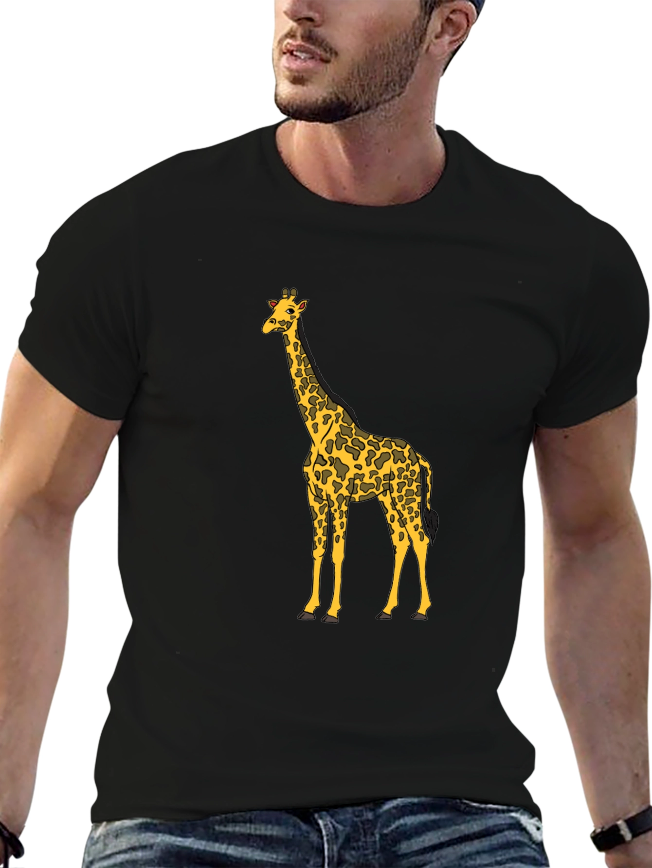 Black Giraffe Print Black T-Shirt, Animal Lover Tee view 6