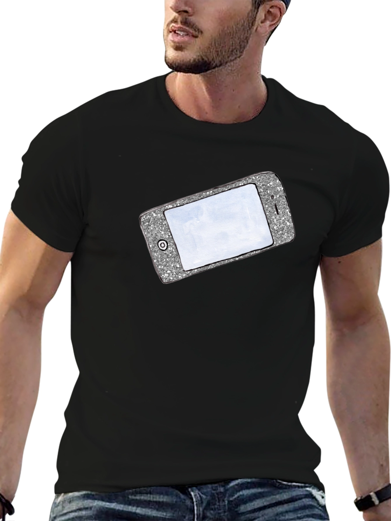 Black Glitter Phone Graphic T-Shirt - Stylish Novelty Tee view 6