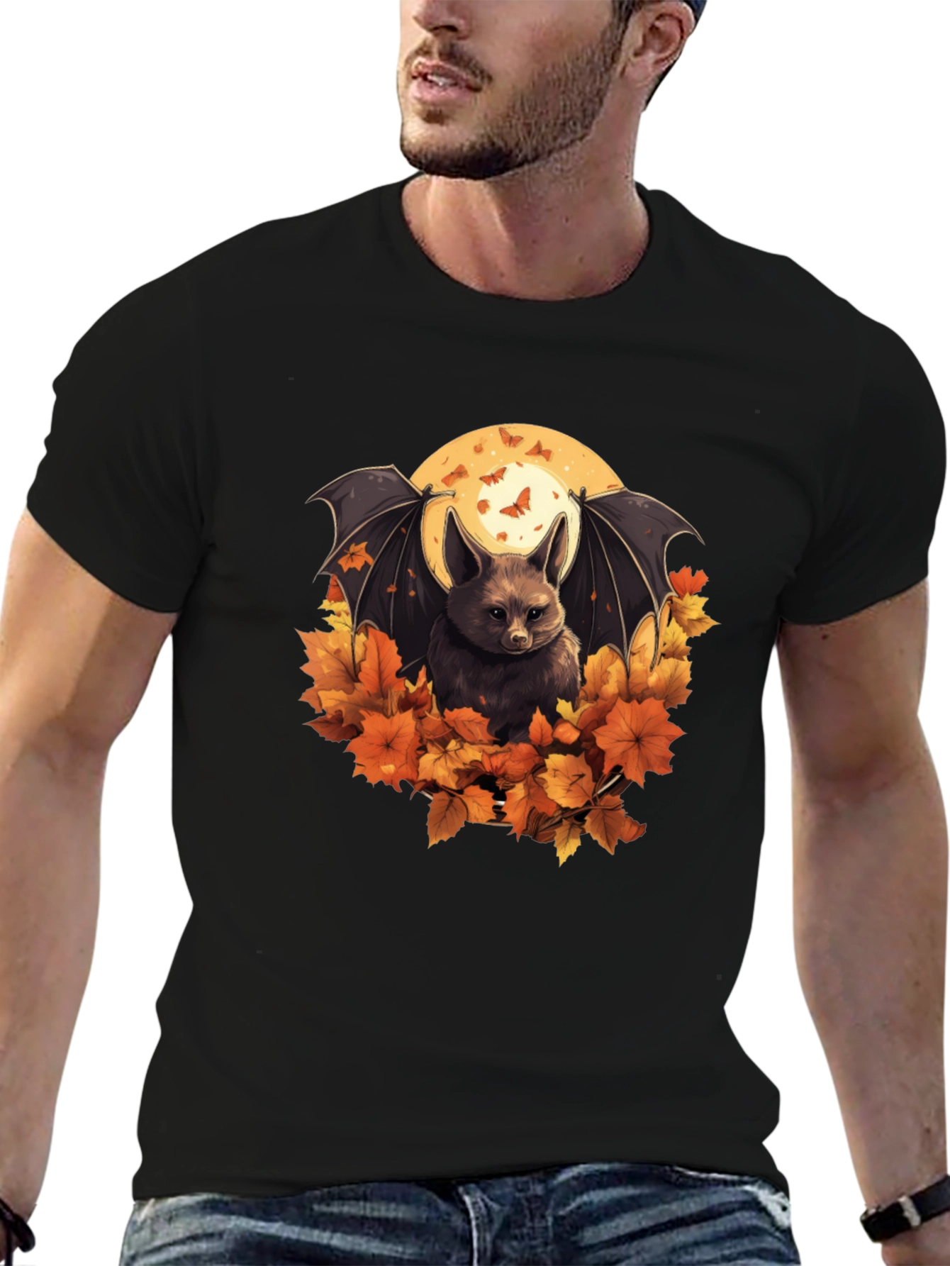 Black Autumn Bat Graphic Tee - Spooky Season Shirt view 6