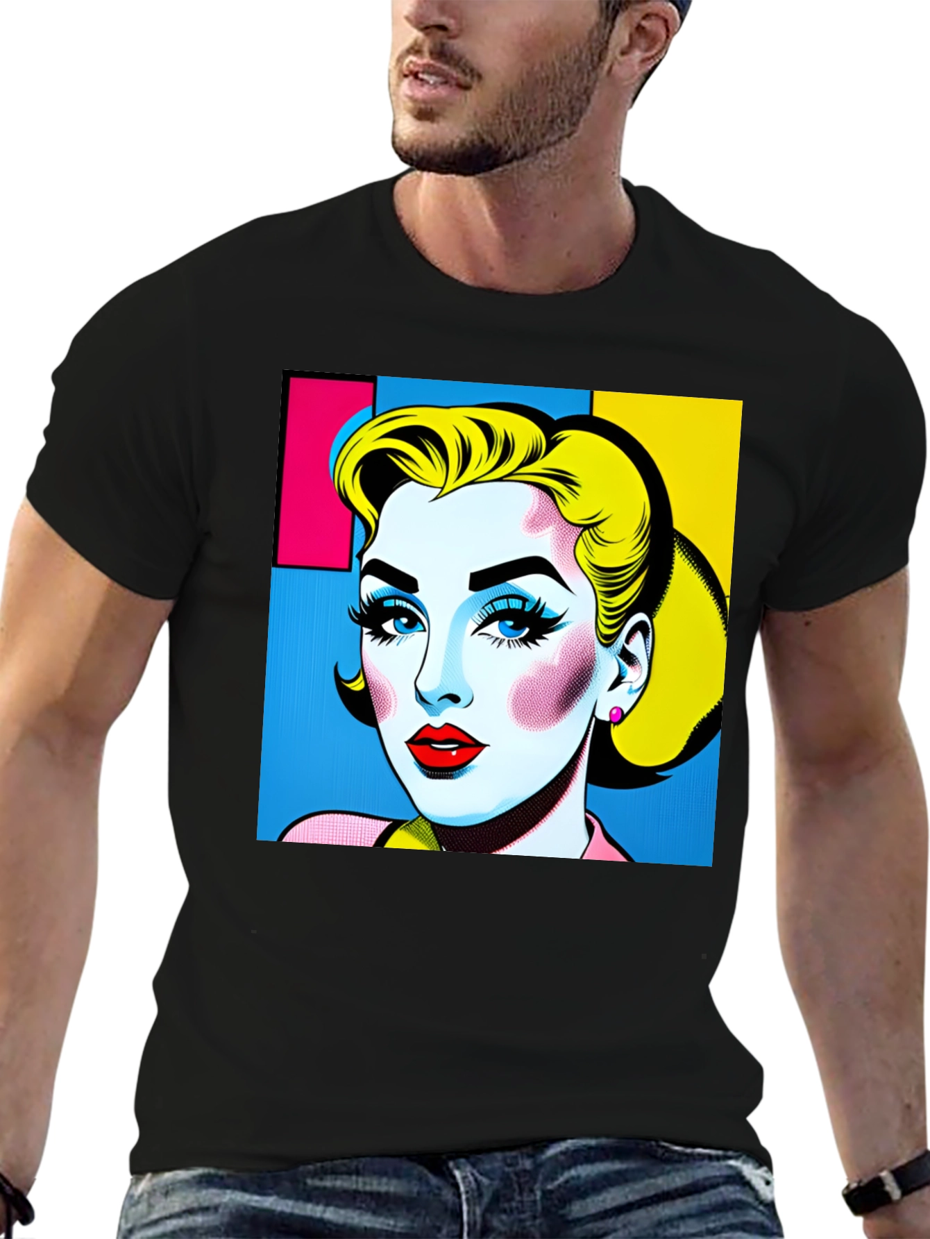 Black Pop Art Woman Graphic Black T-Shirt view 6