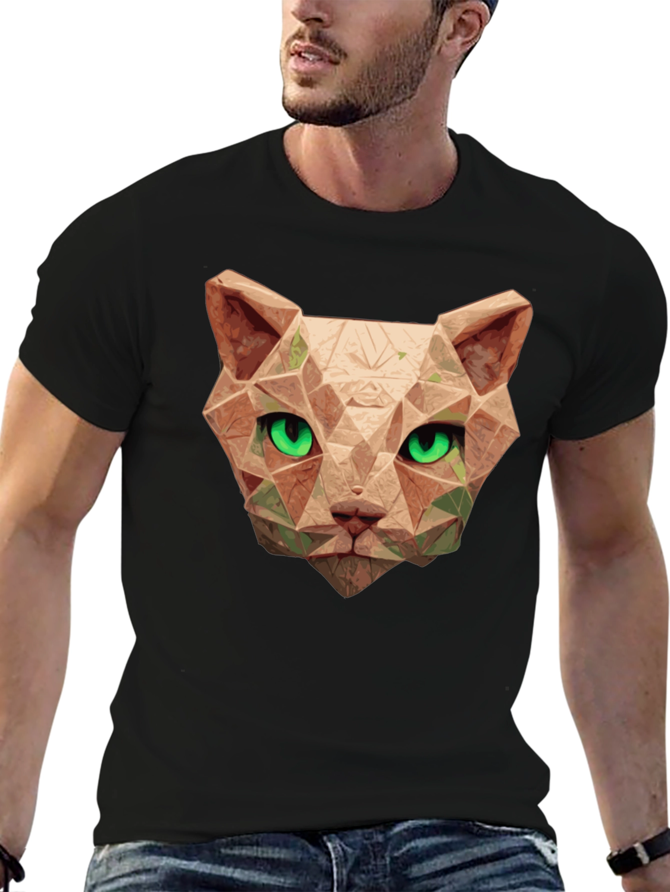 Black Geometric Cat Head T-Shirt - Stylish Graphic Tee view 6