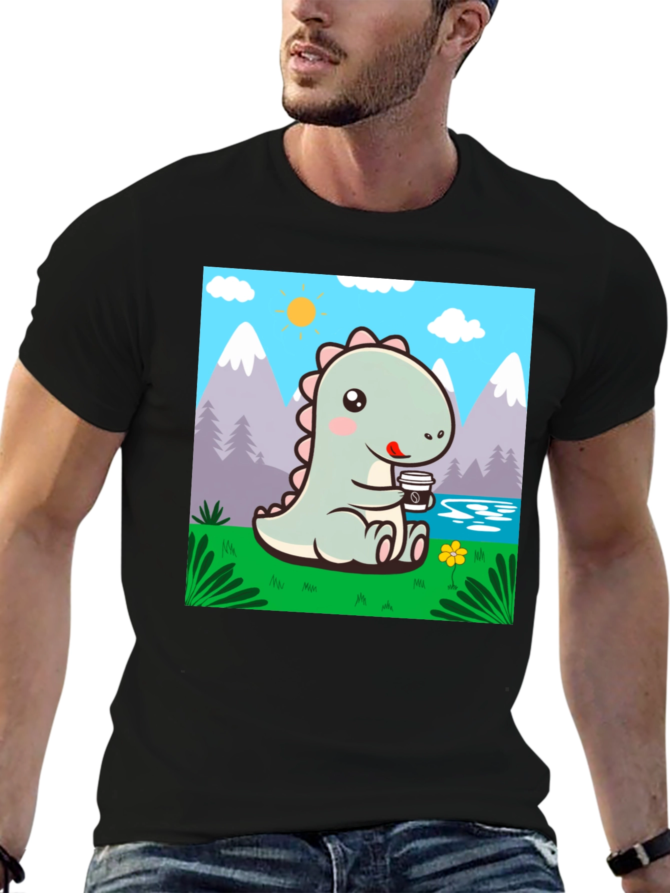 Black Cute Dinosaur Coffee T-Shirt view 6