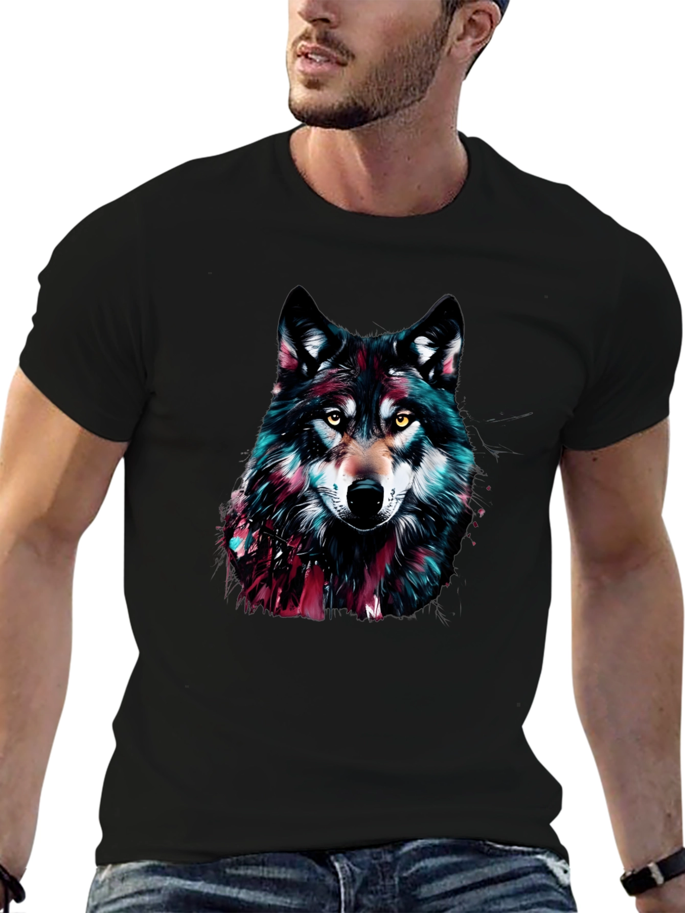 Black Wolf Graphic Print Crew Neck Men's T-Shirt view 6