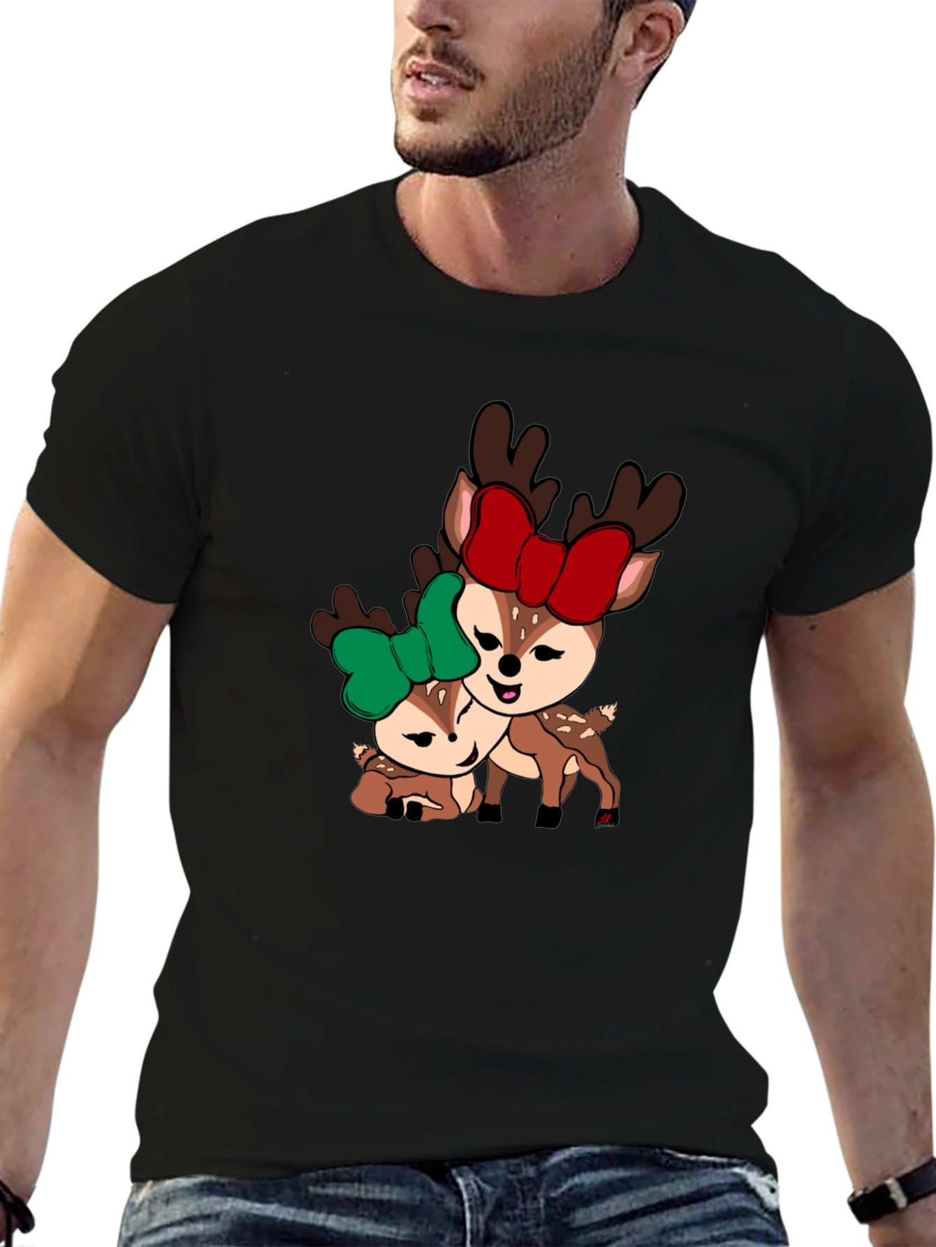 Black Cute Deer Couple T-Shirt - Holiday Season Apparel view 6