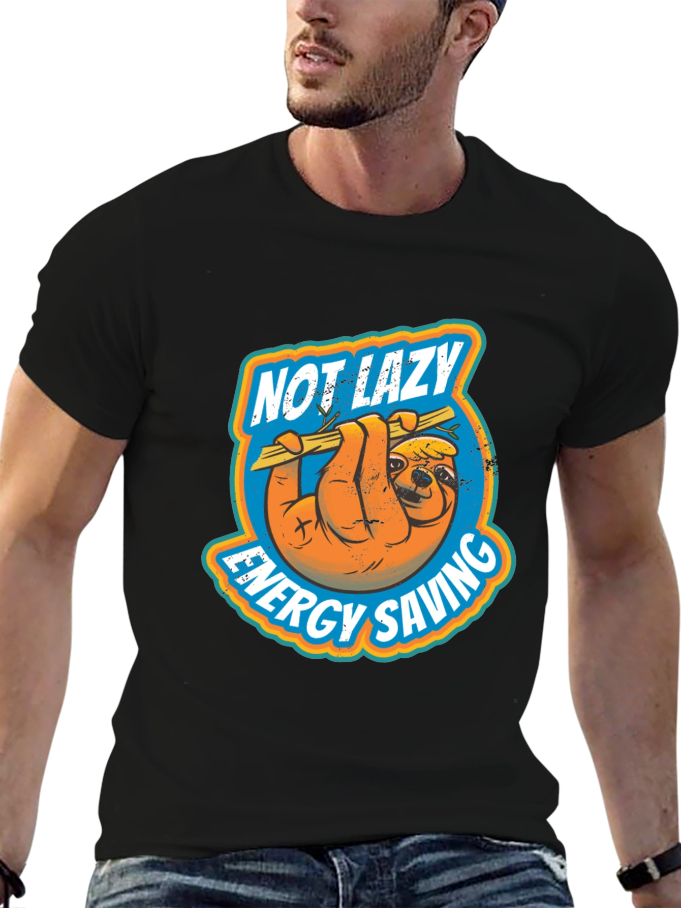 Black Not Lazy Energy Saving Sloth Graphic T-Shirt view 6
