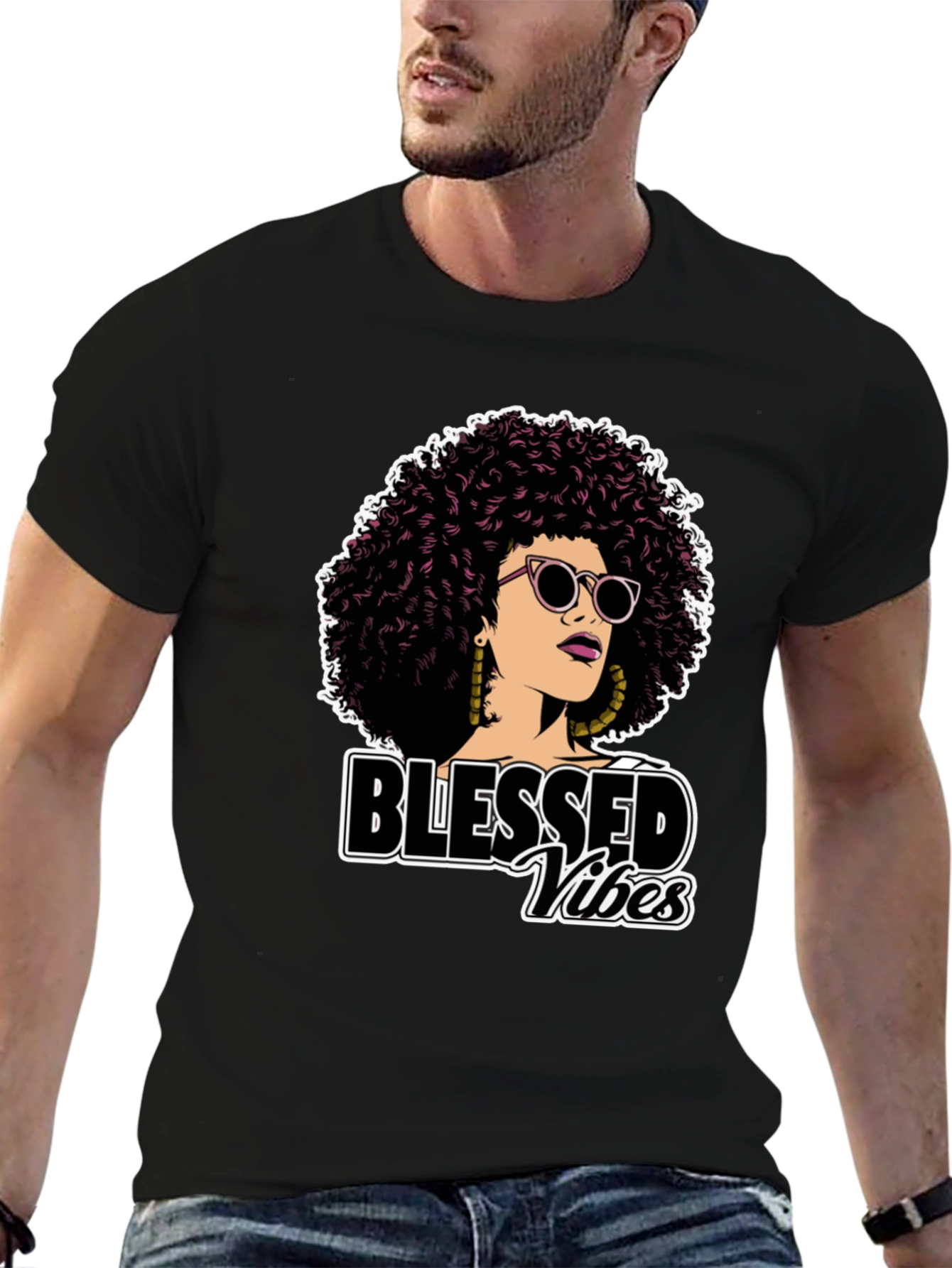 Black Blessed Vibes Graphic Tee - Stylish Afro Woman Design view 6