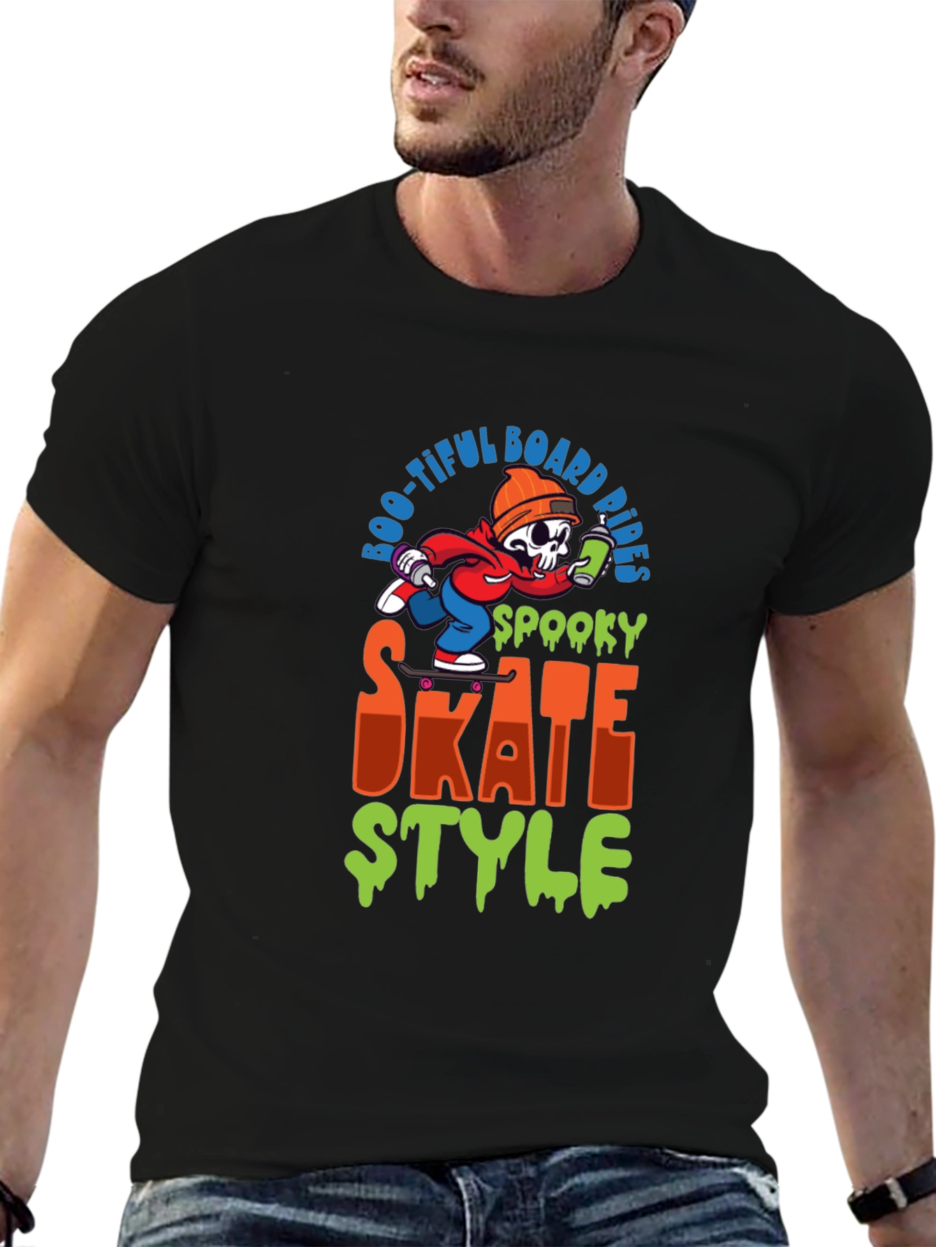 Black Spooky Skate Style T-Shirt: Boo-tiful Board Rides view 6
