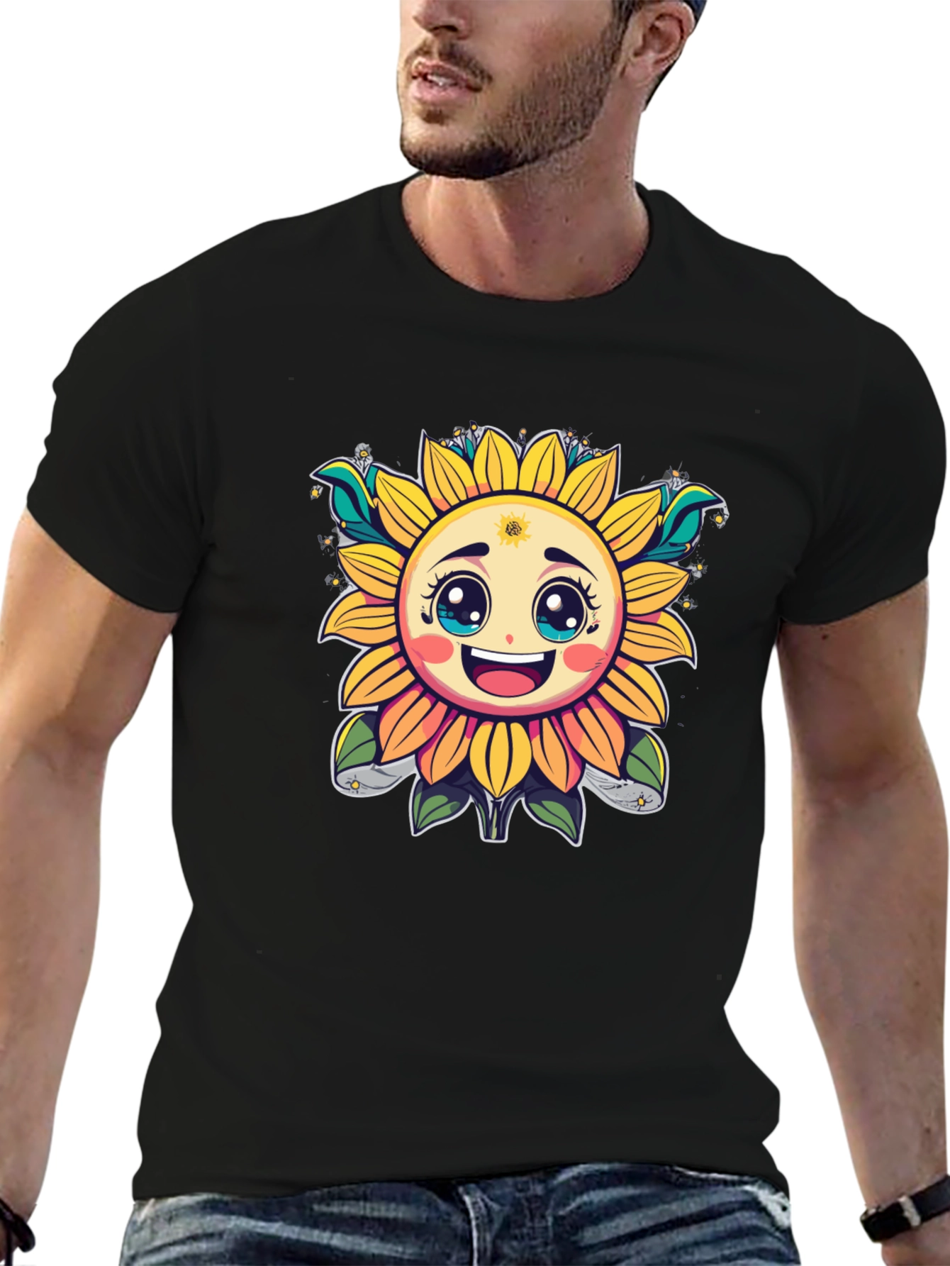 Black Happy Sunflower Graphic T-Shirt - Cheerful Black Tee view 6