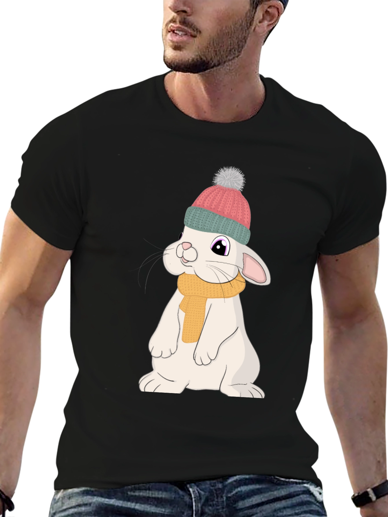 Black Cute Rabbit T-Shirt - Cartoon Bunny Graphic Tee view 6