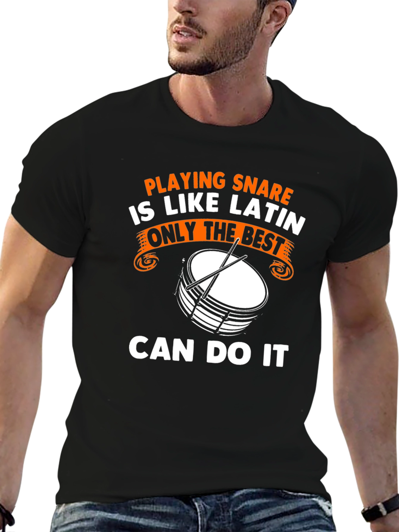Black Funny Drummer T-Shirt: Playing Snare is Like Latin view 6