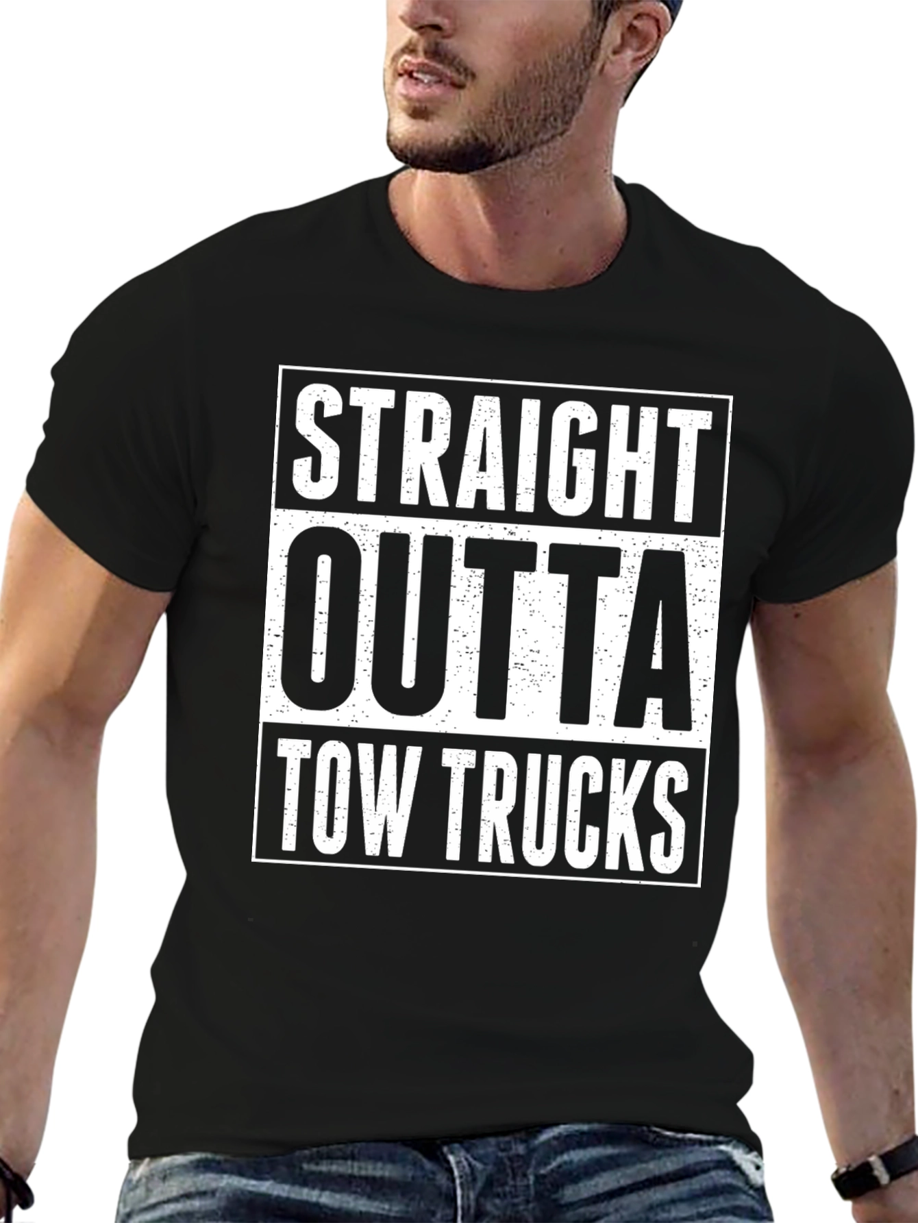 Black Straight Outta Tow Trucks Funny T-Shirt view 6