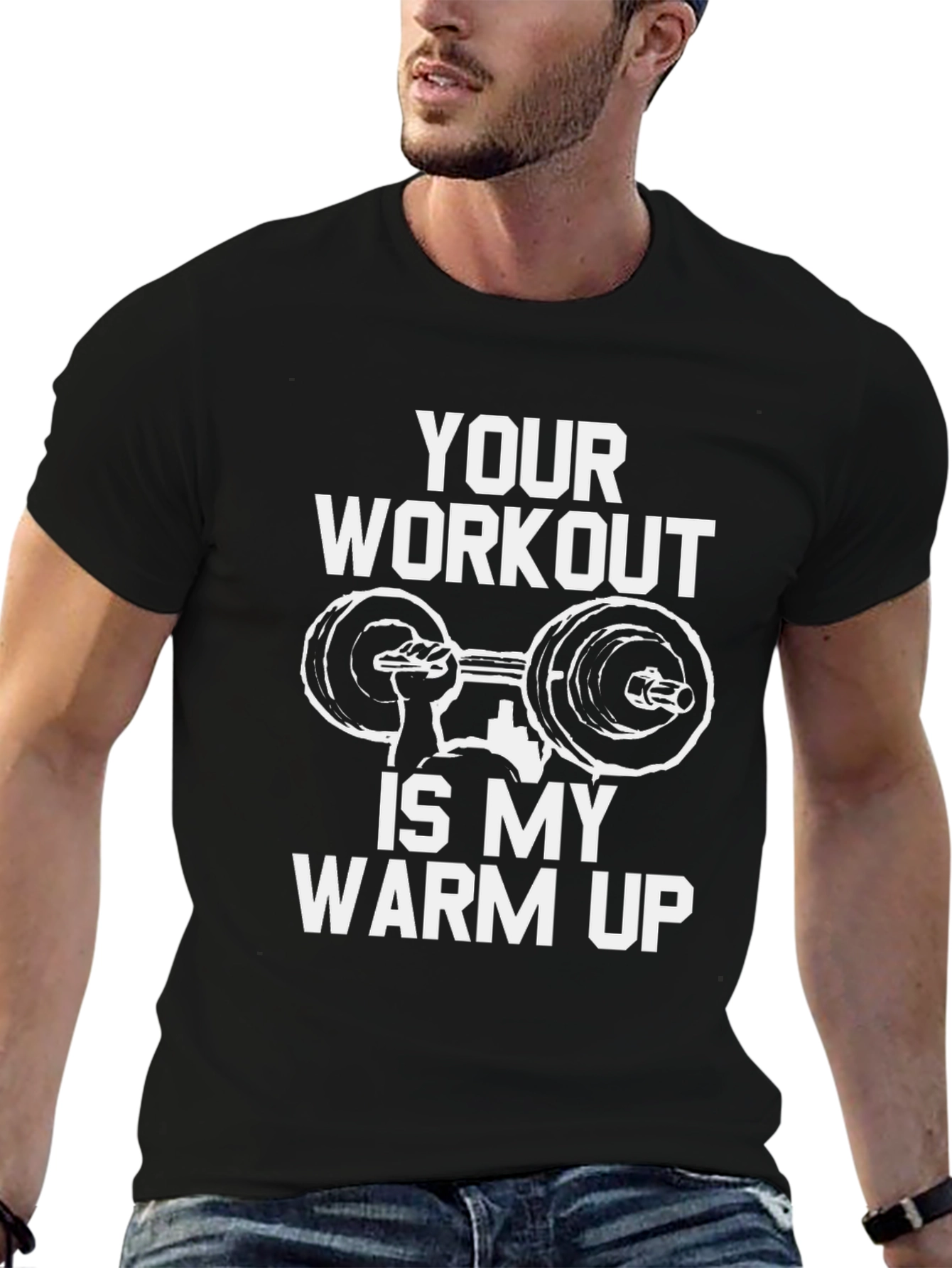 Black Workout Humor T-Shirt - Your Workout Is My Warm Up view 6