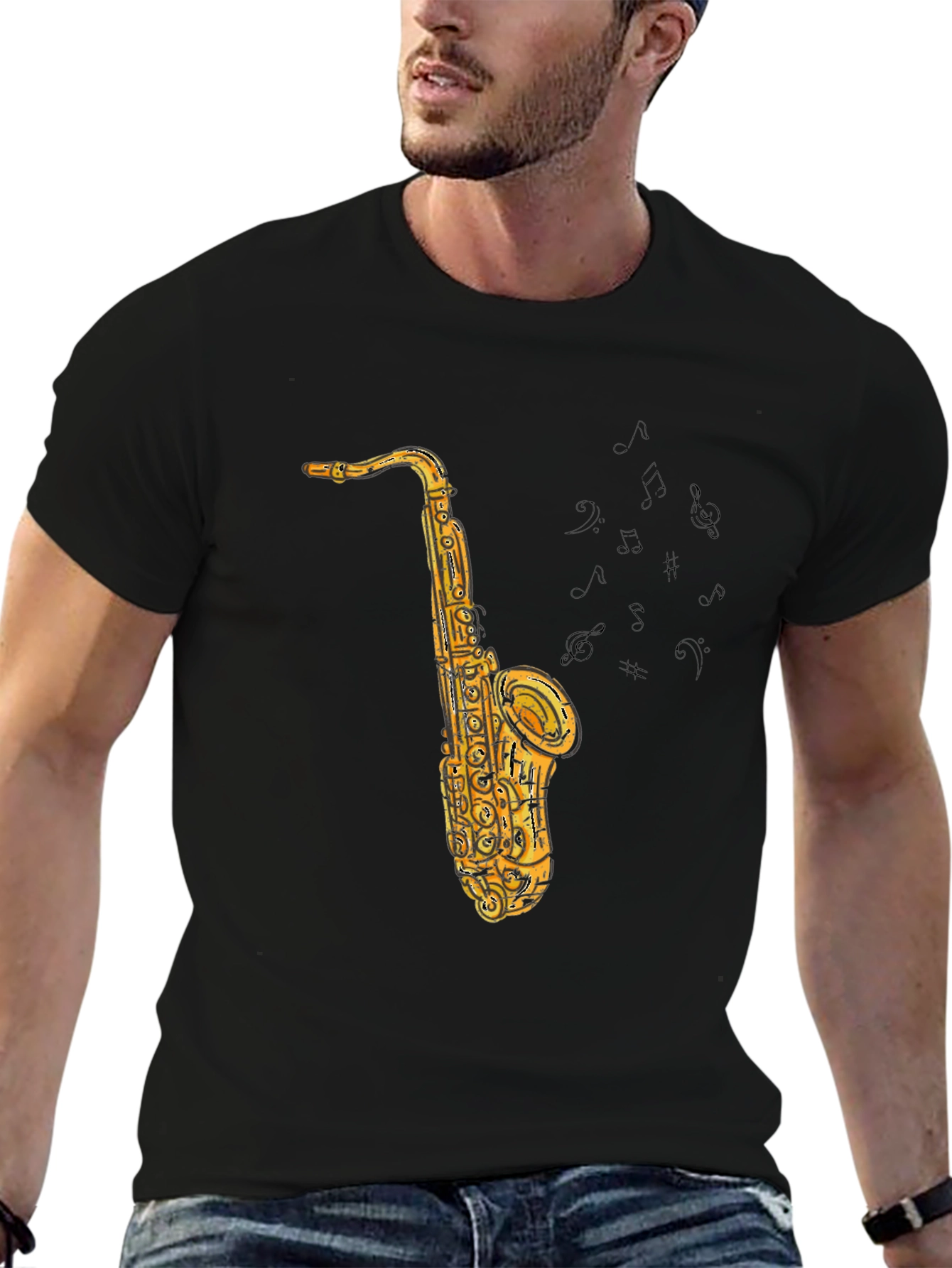 Black Saxophone Graphic Tee - Black Cotton T-Shirt view 6