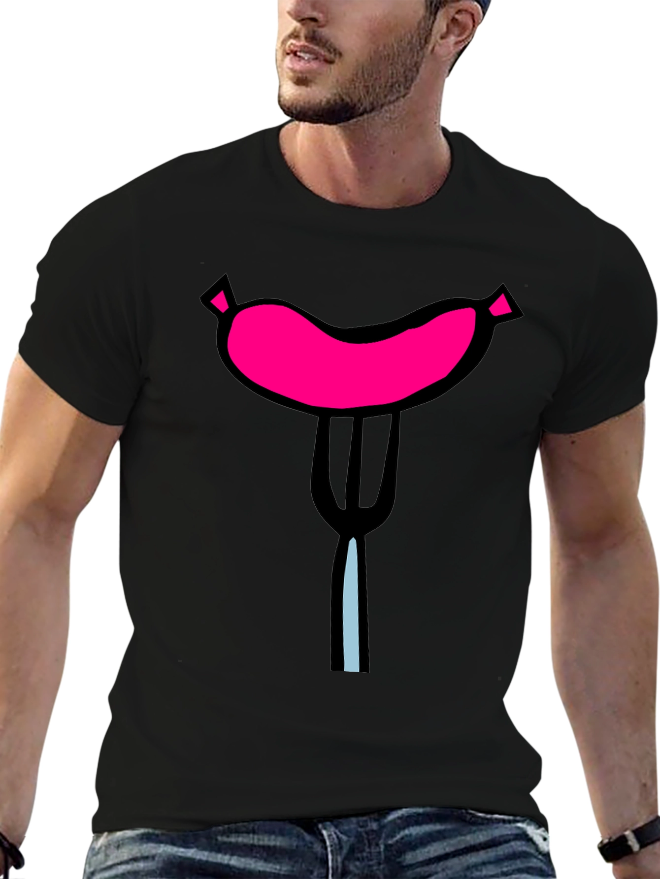 Black Funny Sausage on Fork Black T-Shirt view 6