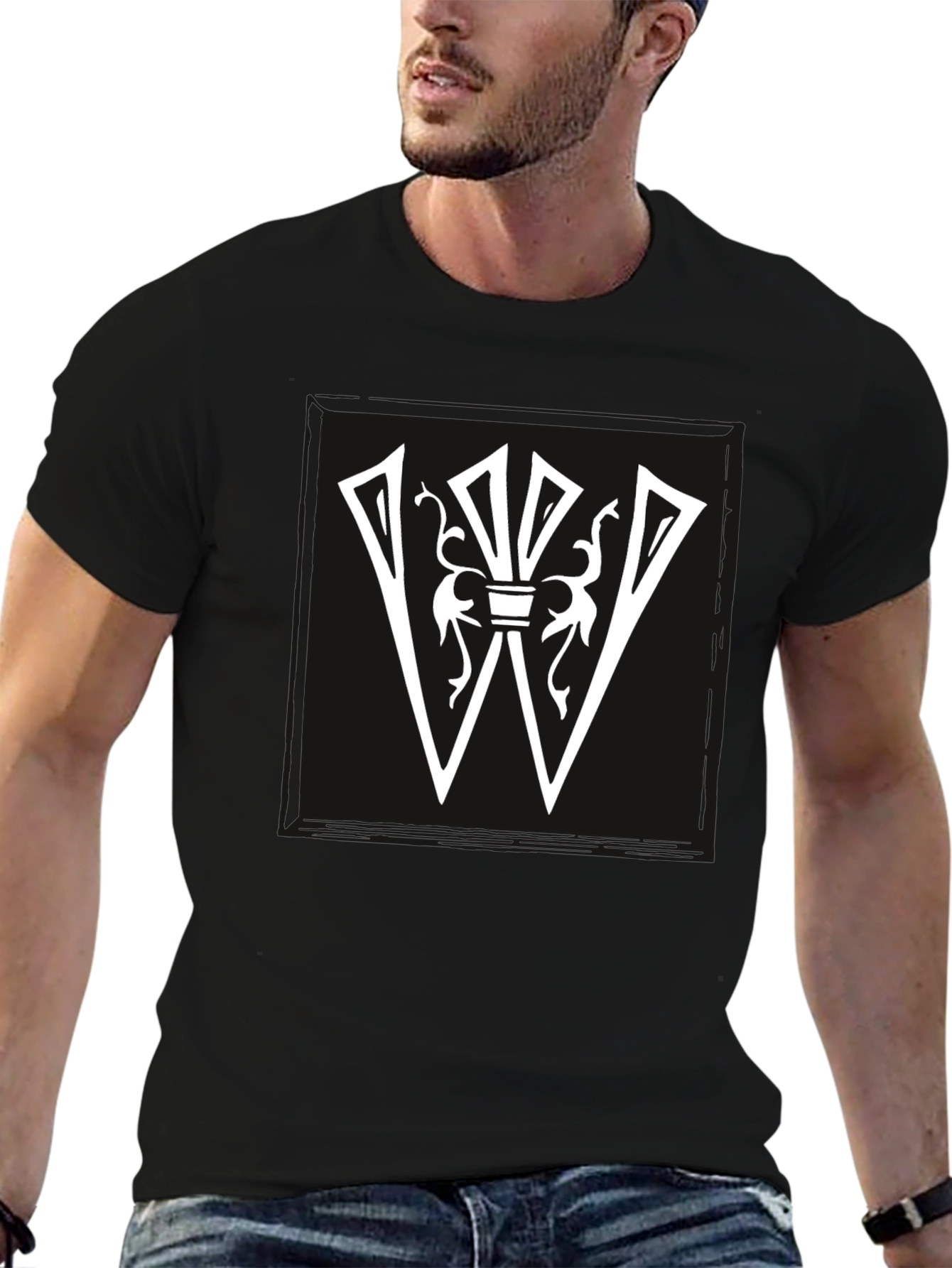 Black Graphic Tee: White Letter W Design on Black Shirt view 6