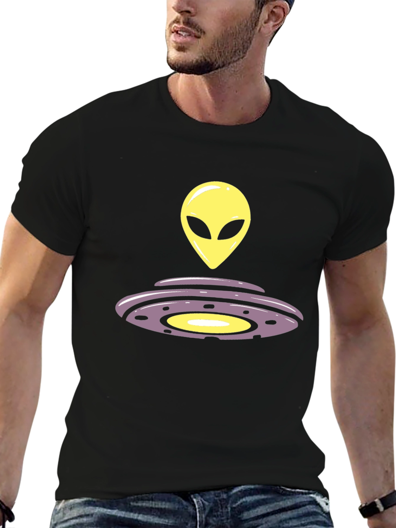 Black Alien UFO Graphic Tee - Black Casual T-Shirt view 6