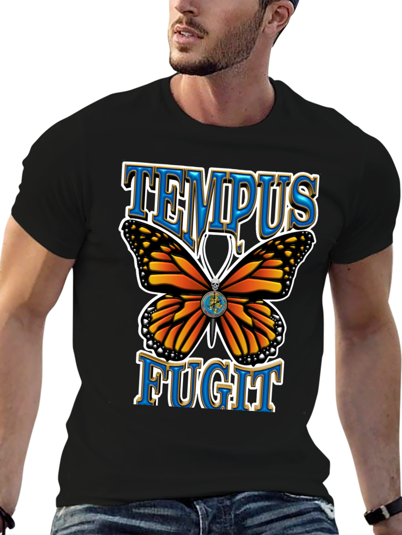 Black Tempus Fugit Butterfly Graphic Tee - Classic Black view 6