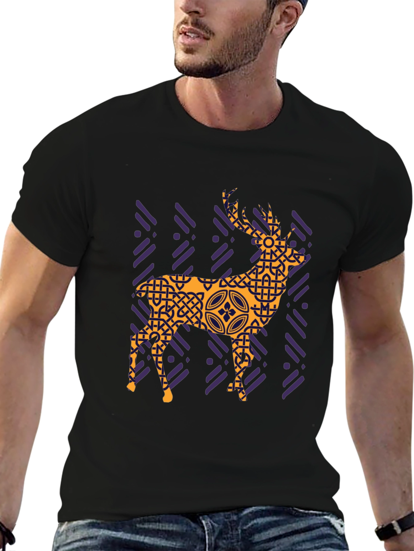 Black Geometric Deer Graphic Tee - Black view 6