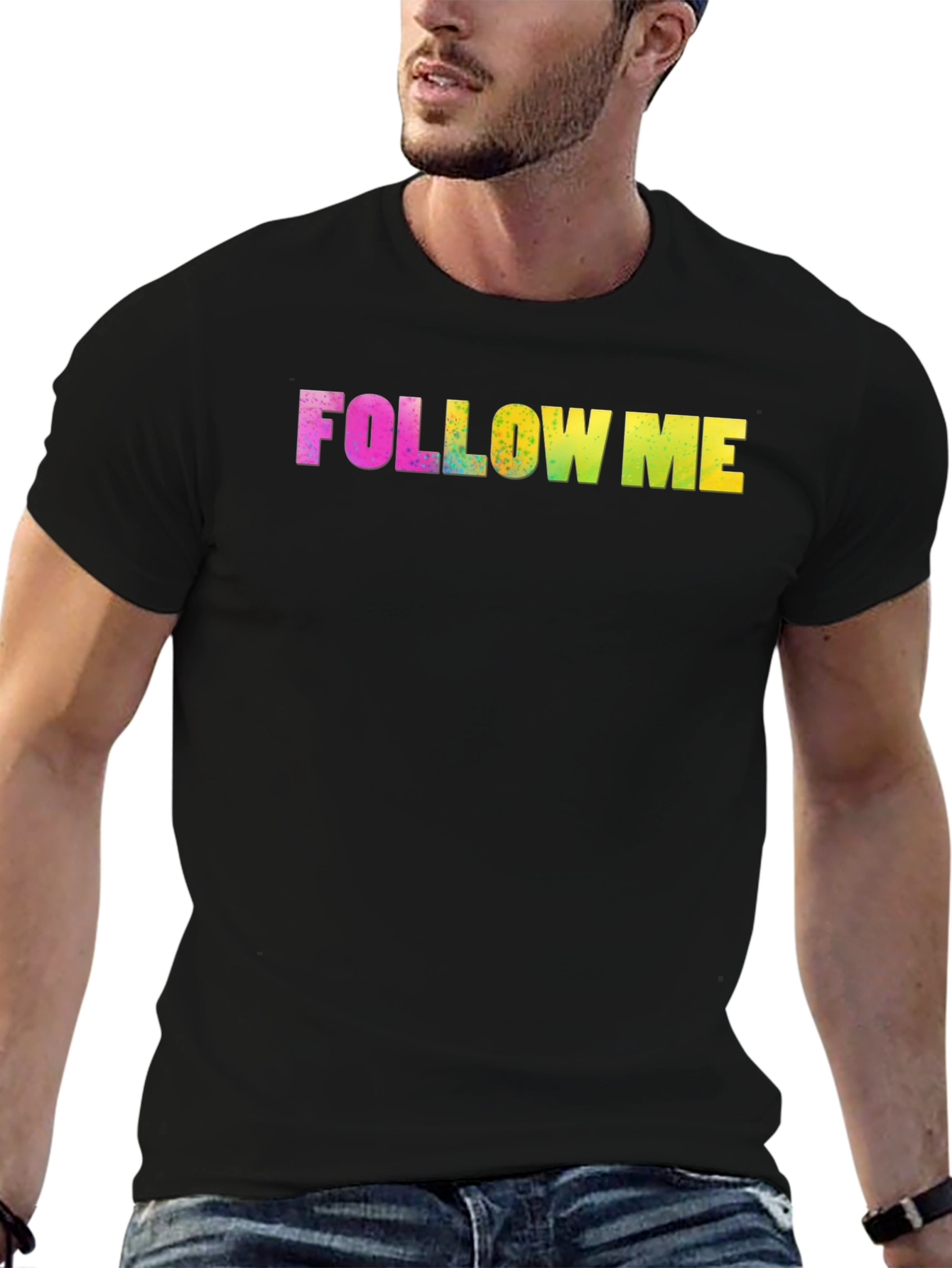 Black Follow Me Rainbow Text Black Tee view 6