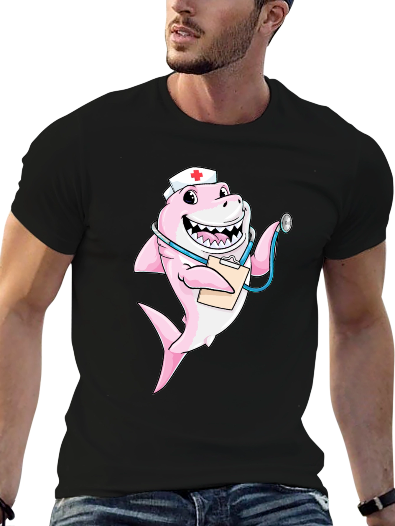 Black Nurse Shark T-Shirt - Funny Cartoon Graphic Tee view 6