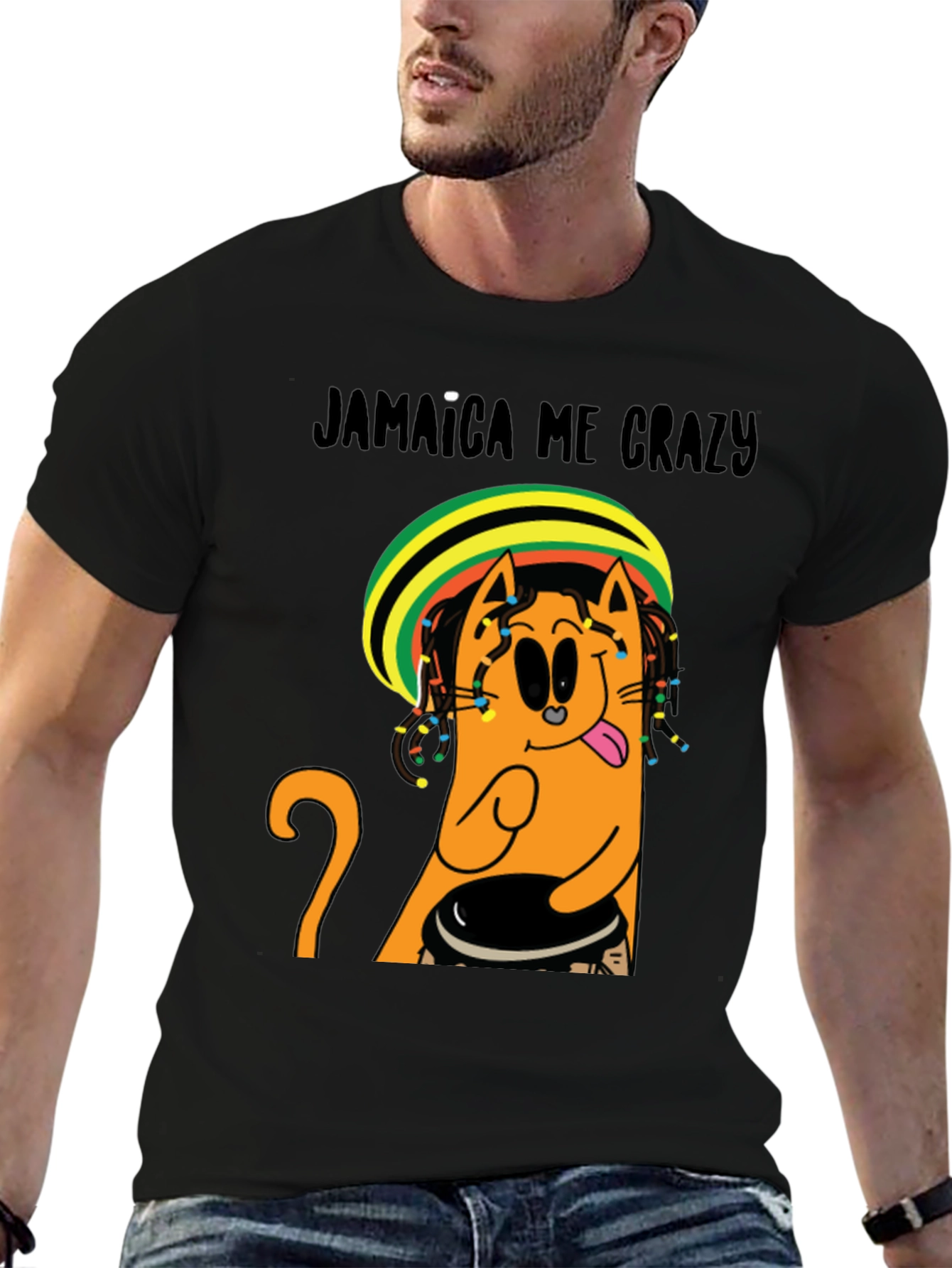 Black Jamaica Me Crazy T-Shirt - Cat Reggae Design view 6
