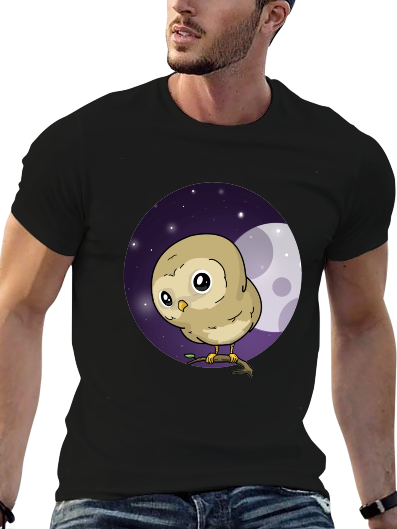 Black Cute Owl Moon Graphic Black T-Shirt view 6